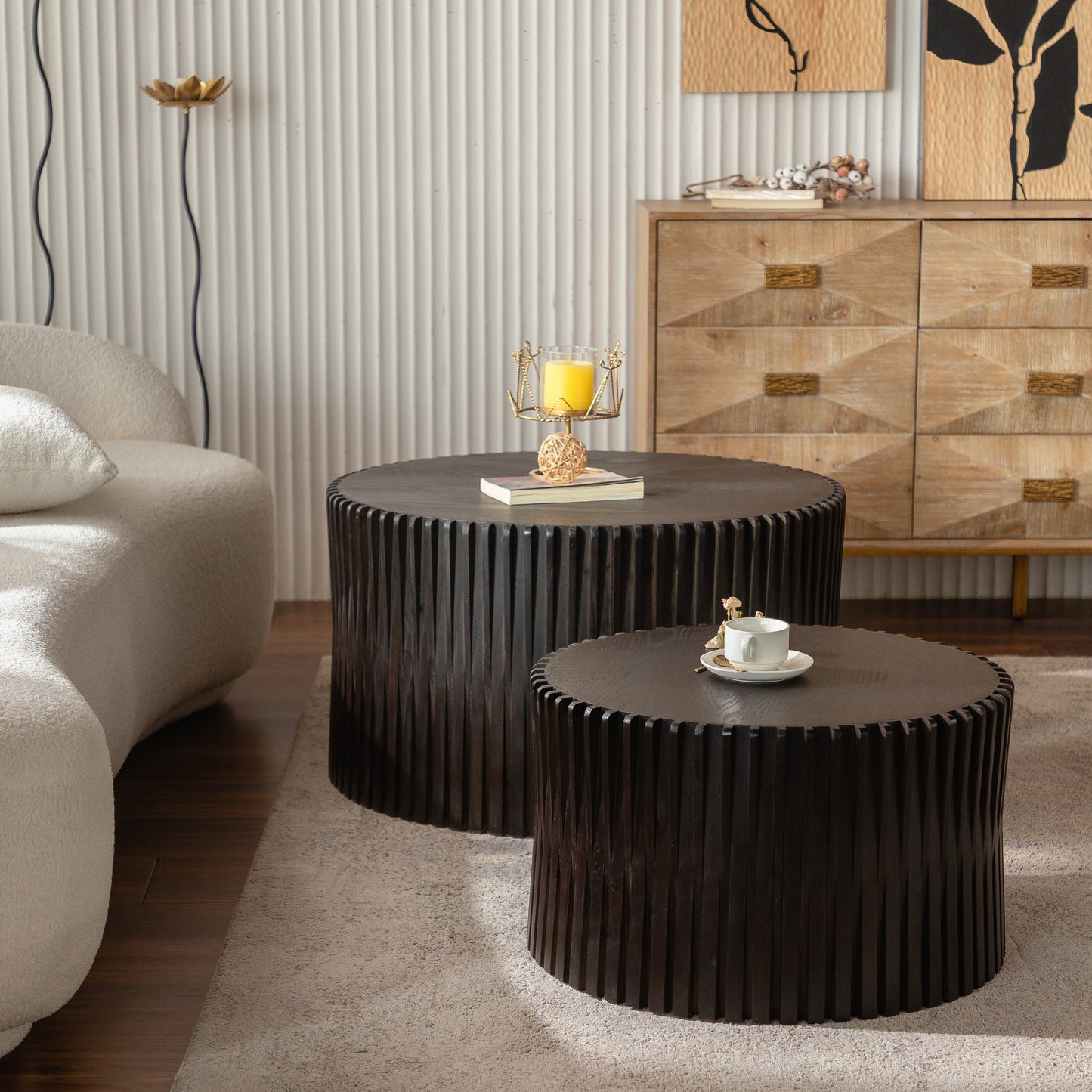 Vintage Fashion Style Cylindrical Nesting Coffee Table Set with Vertical Textured Embossed Design for Living Room, Office and Dining Room, Dark Brown (Set of 2)