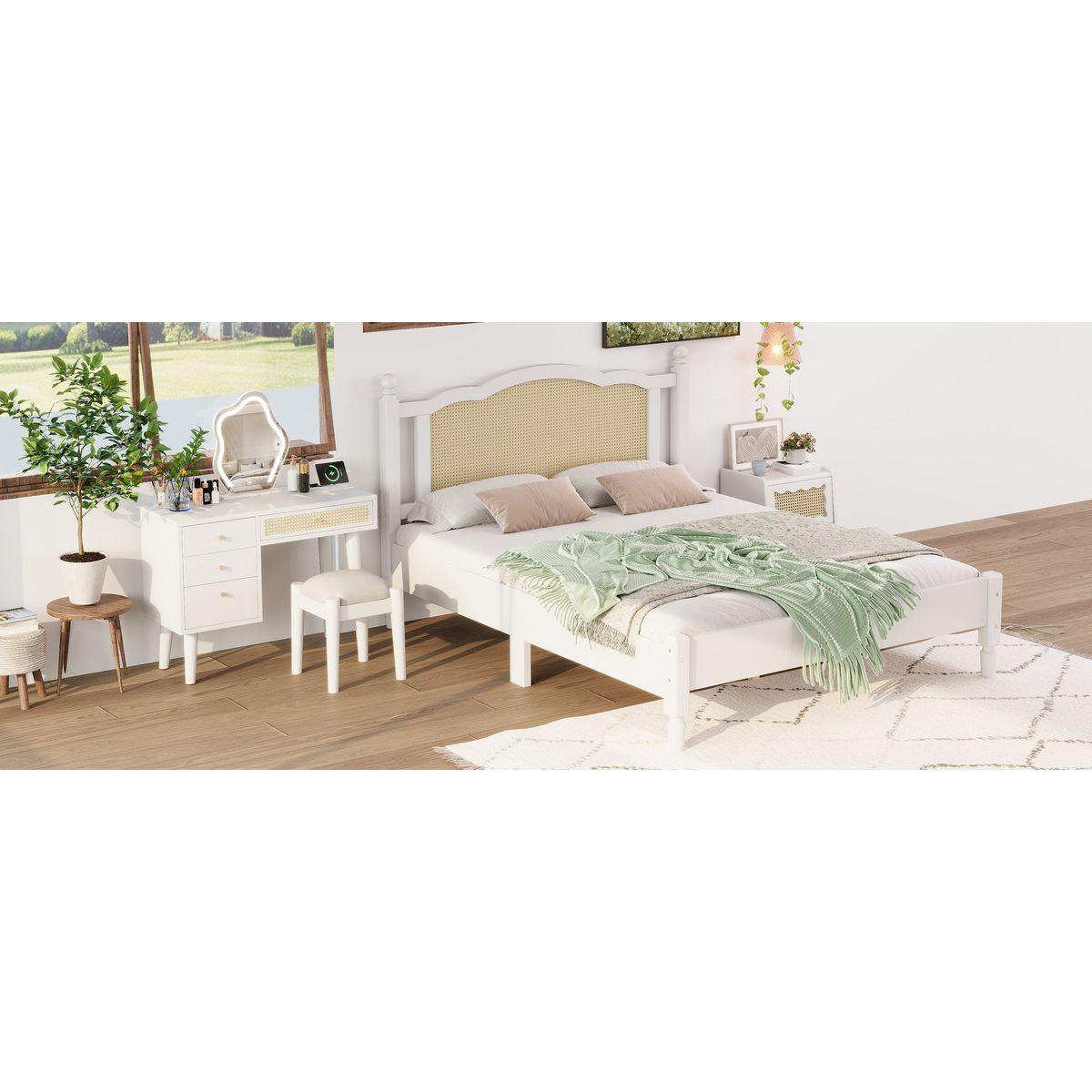 3 Pieces Bedroom Set with Queen Size Wooden Bed Frame, 1 Vintage Nightstand and 1 Makeup Vanity Set with Stool,White