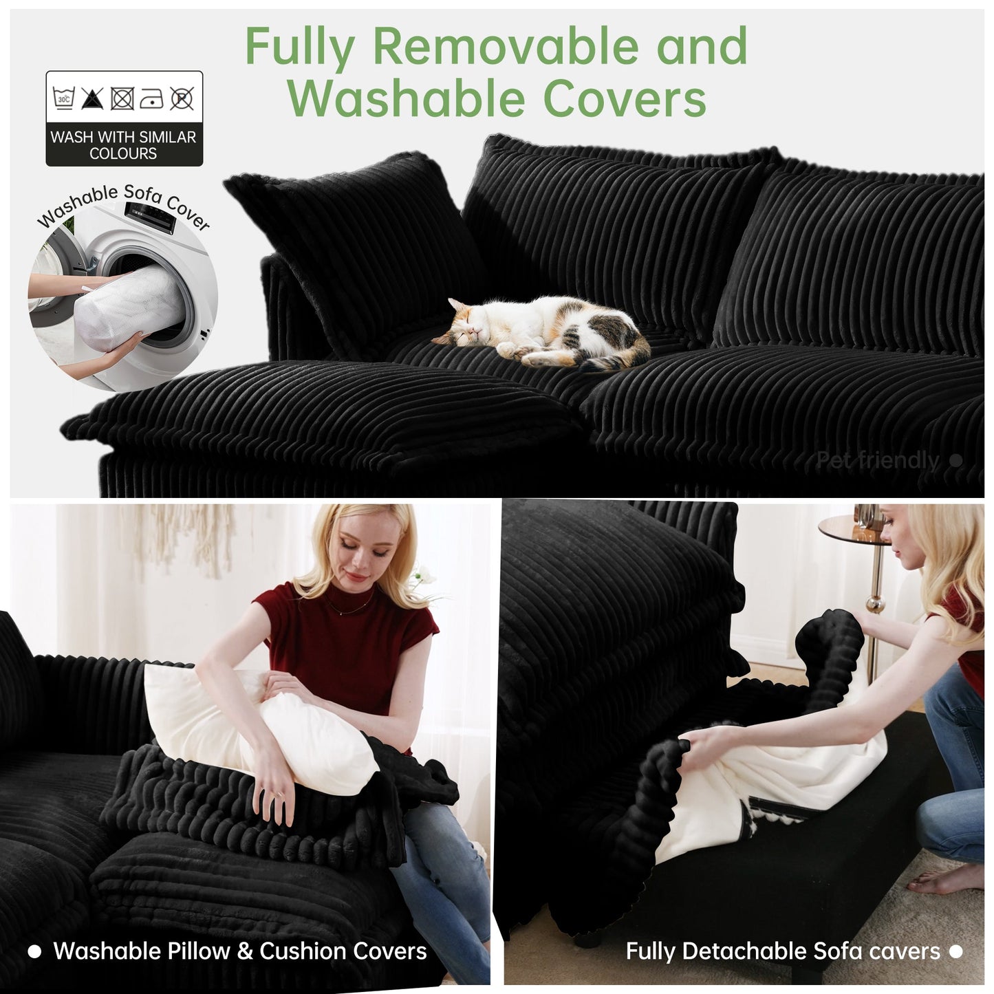 Upholstered Slipcovered Armchair with Ottoman, Deep Seat Armchair W/ Wide Ottoman for Living Room, Armchair Sets with Large Soft Pillows(Set of 2), Black Corduroy Fabric