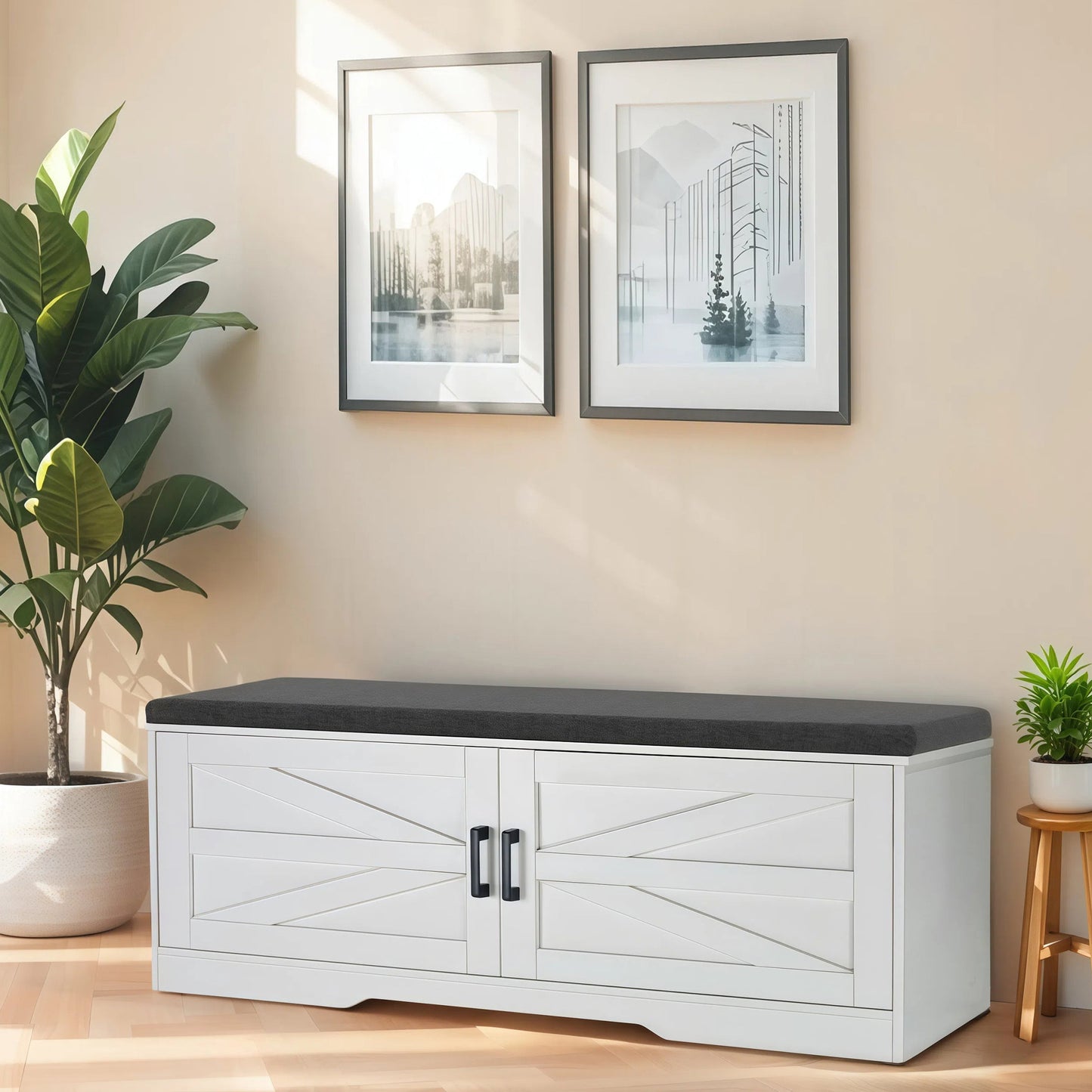 2 Tier Shoe Bench with Padded Seat, 2 Barn Doors and Adjustable Shelves, for Entryway and Living Room, White MDF