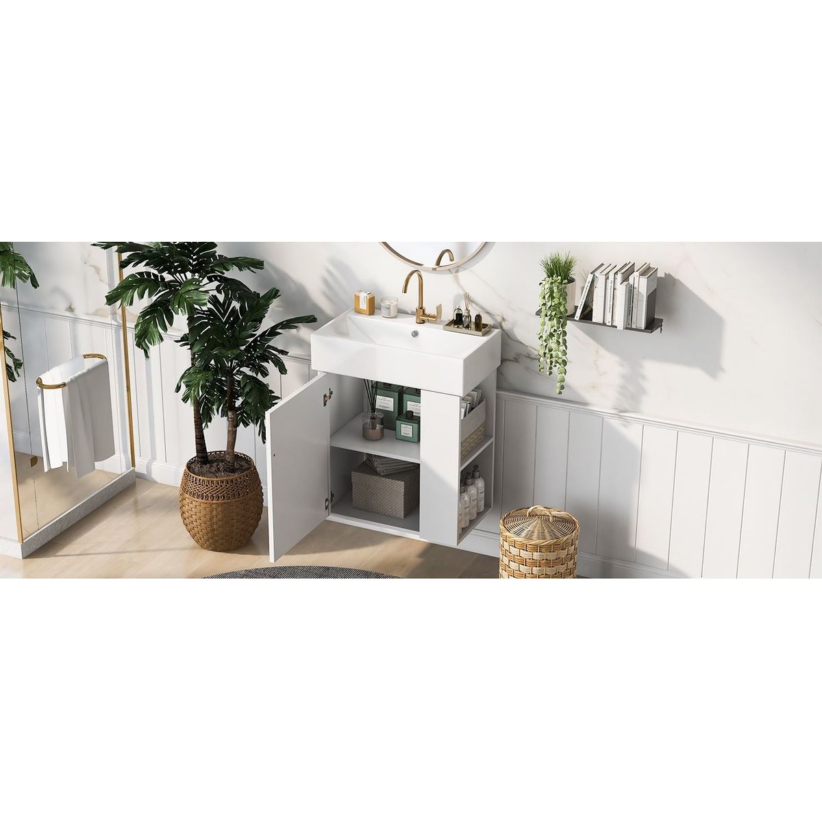 21.6inch Modern Floating Bathroom Vanity with Ceramic Basin - Perfect for Small Bathrooms, Right side storage