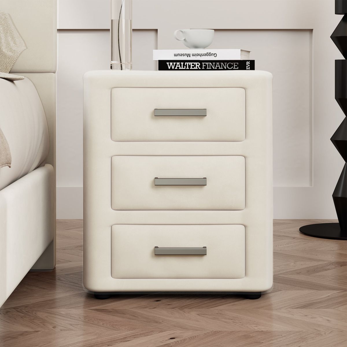 3 Pieces Bedroom Sets Queen Size Velvet Upholstered Platform Bed Vertical Channel Tufted Headboard and Two Three-drawer Nightstands,Beige