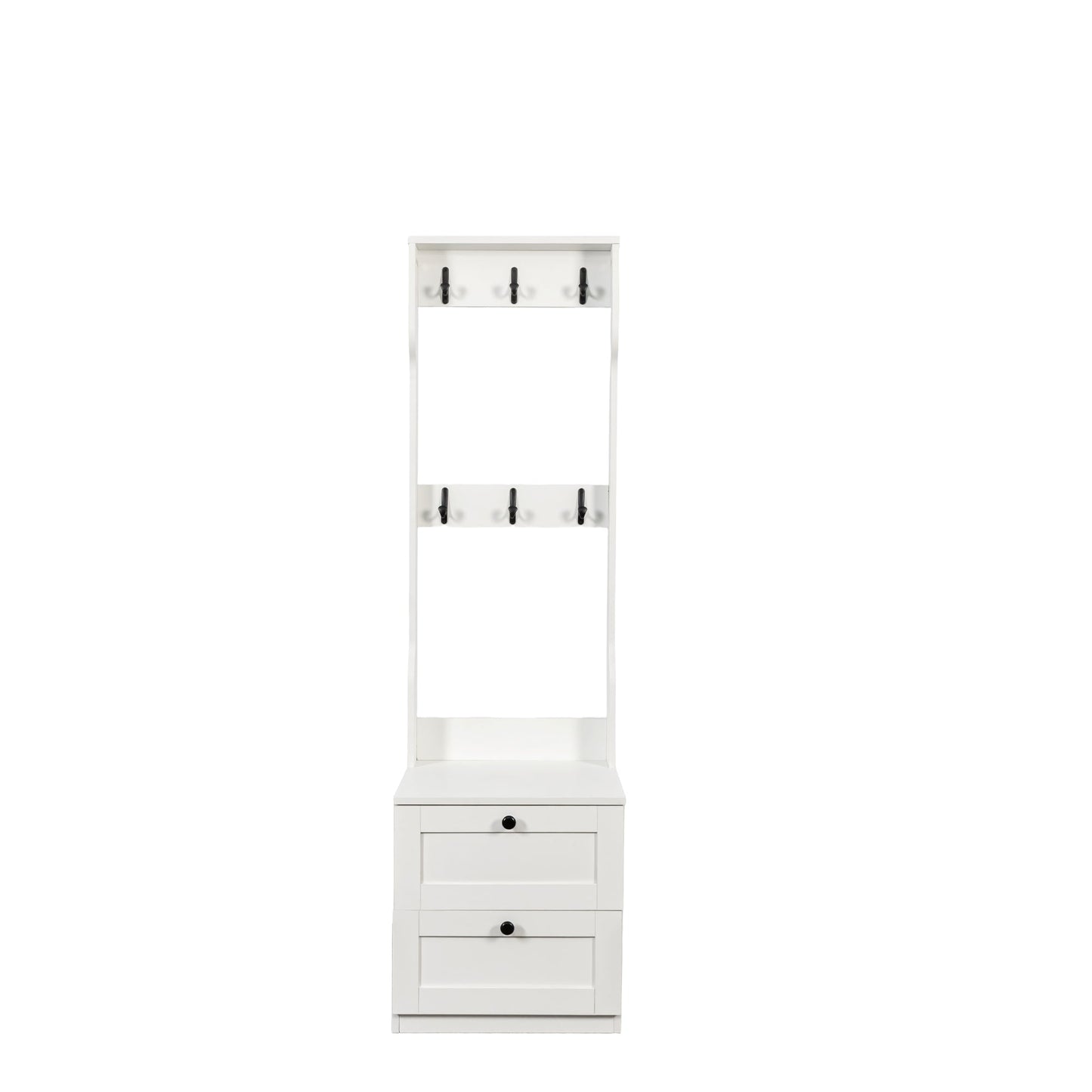 2-in-1 Coat Rack and Nightstand,Wood Bedside/Entryway Storage Organizer with Drawer & Hooks, Freestanding Clothes Hanger for Bedroom,Hallway