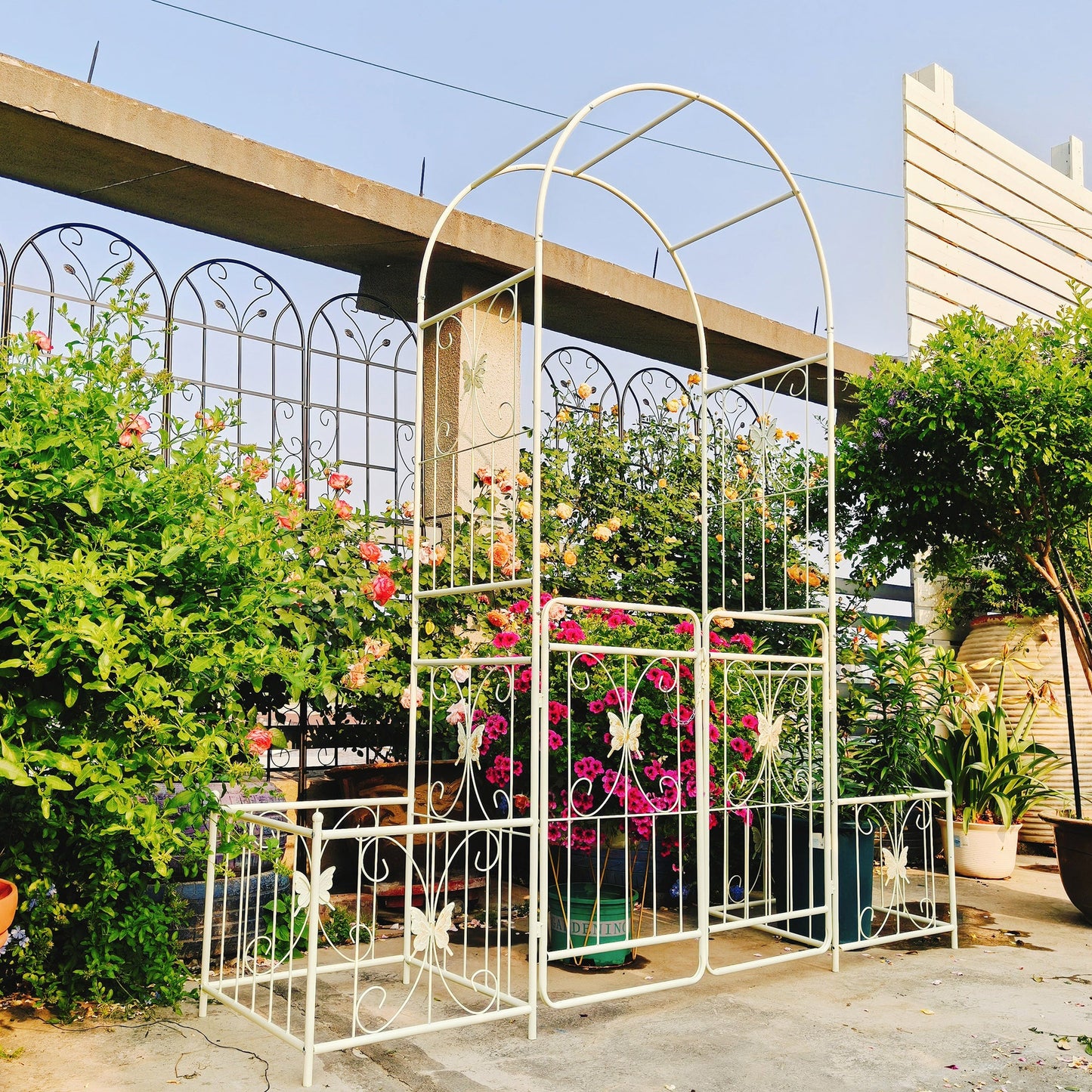 Metal Garden Arch with Gate 79.5'' Wide x 86.6'' High Climbing Plants Support Rose Arch Outdoor Cream White