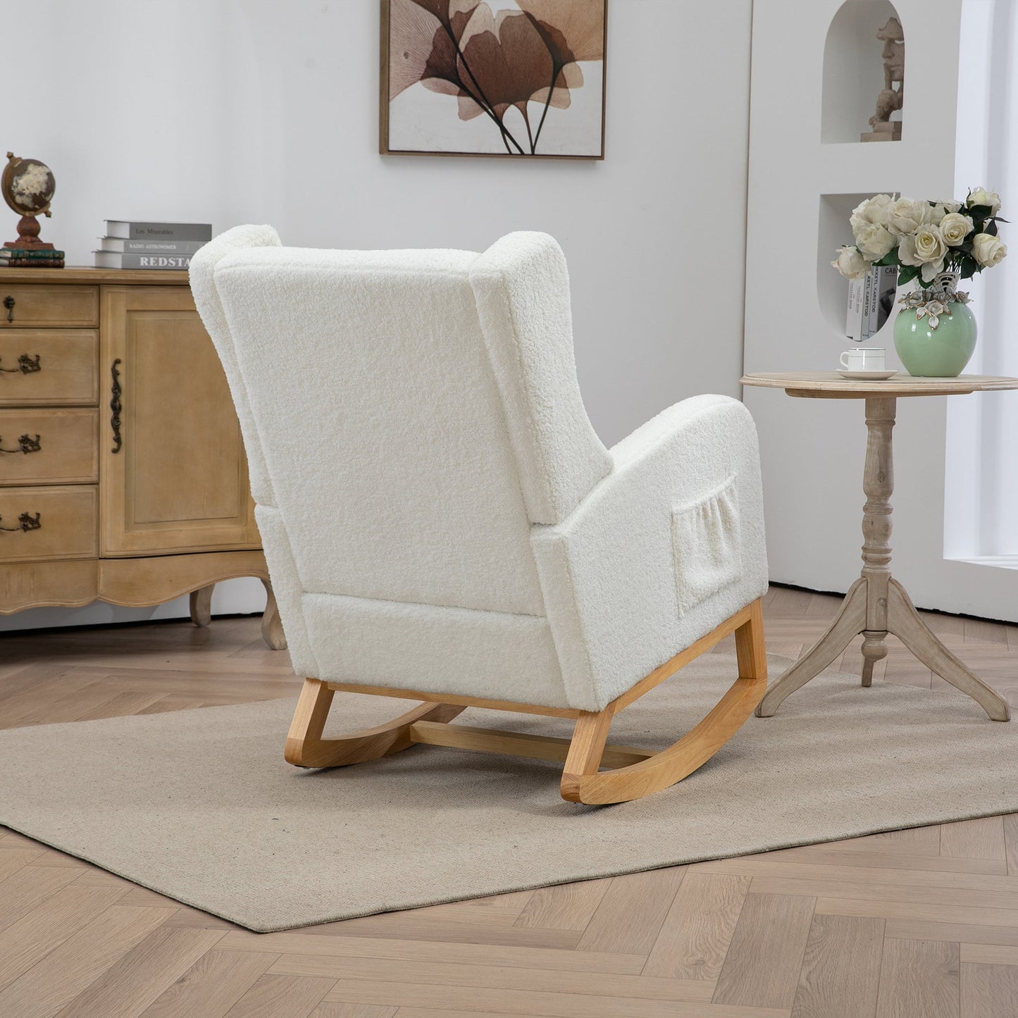 25.4'W Modern Rocking Chair for Nursery, Mid Century Accent Arm Rocker With Retractable Footrest, Side Pocket, Comfy Upholstered Wingback Wooden Glider Chair for Living Room Baby Kids Room. Ivory