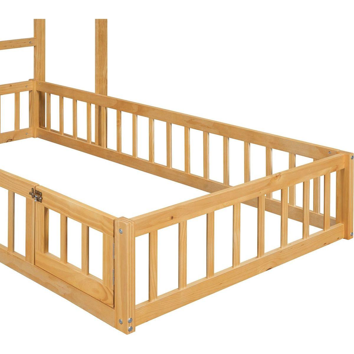 Wooden Floor Bed with Fence Railings and Detachable House Shape Headboard, Twin Size Bed with Kids Dress Up Rack, Kids Montessori Style Playhouse Frame for Girls Boys, Natural