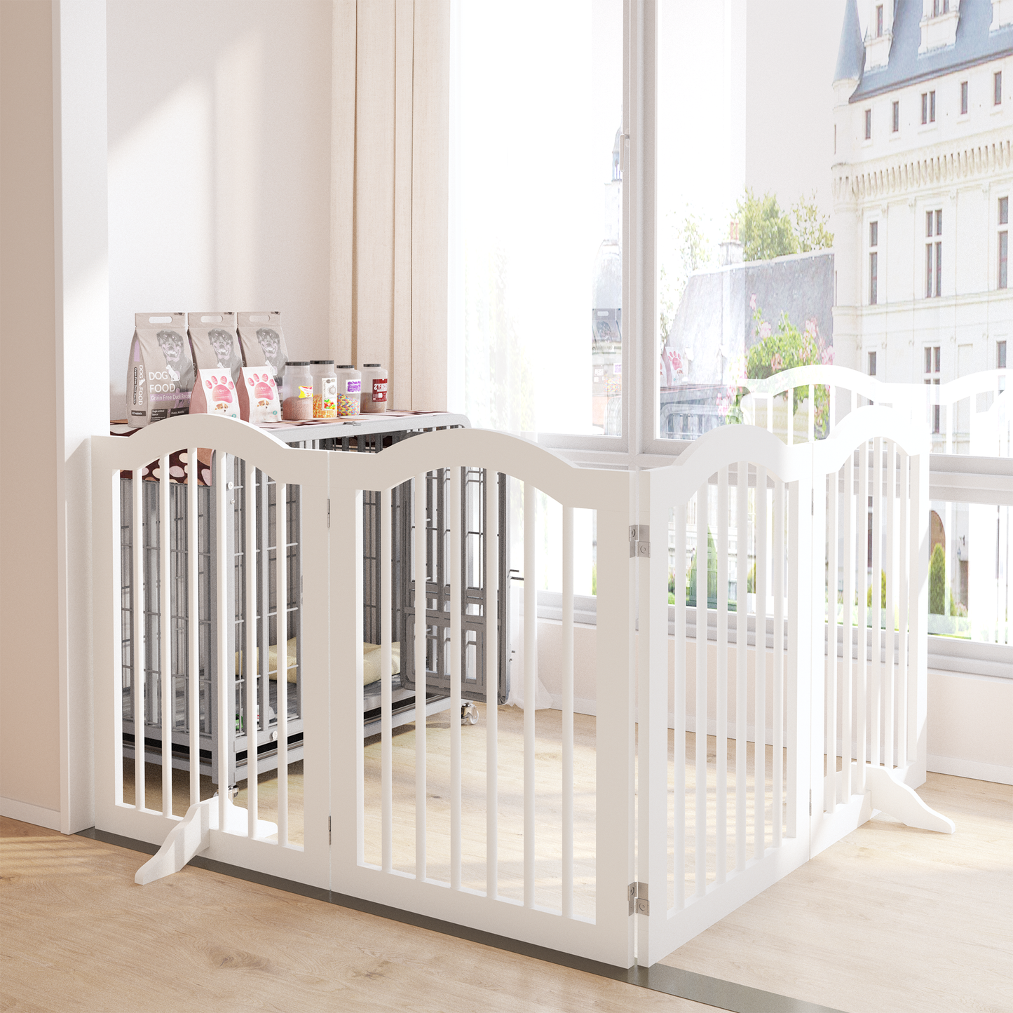 27.6' Height Tall Freestanding Pet Gate, 4 Panels Foldable Dog Gate, Solid Wood Folding Safety Fence Wooden Dog Gate with 2 pcs Support Feet Ideal for Stairs, Doorways, Halls, Kitchens, Heavy Duty Gat
