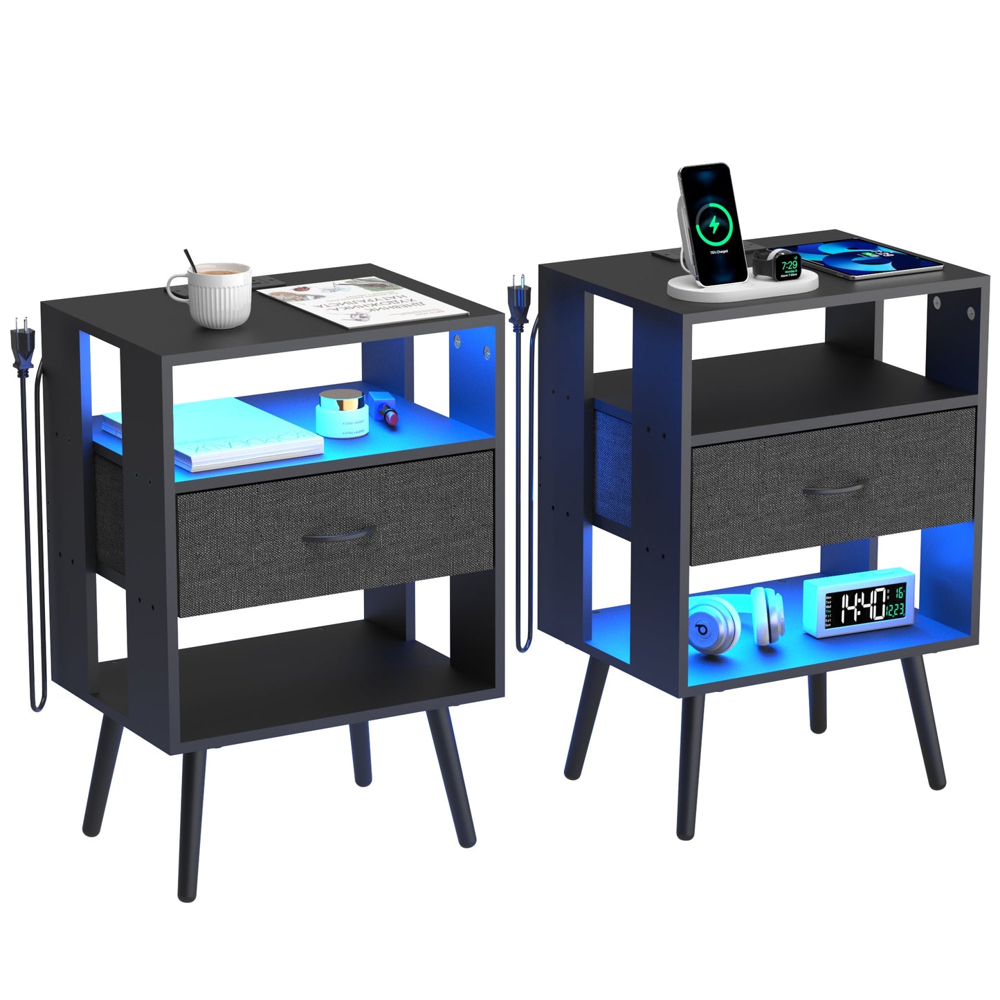 2 Pack Modern Nightstand with Charging Station, Bedside Tables with LED Light and Fabric Drawers