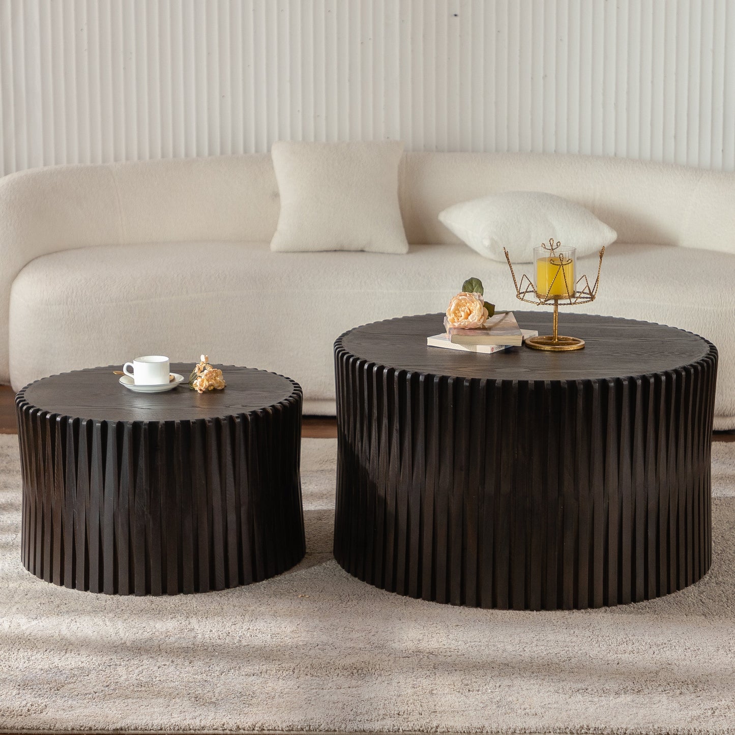 Vintage Fashion Style Cylindrical Nesting Coffee Table Set with Vertical Textured Embossed Design for Living Room, Office and Dining Room, Dark Brown (Set of 2)