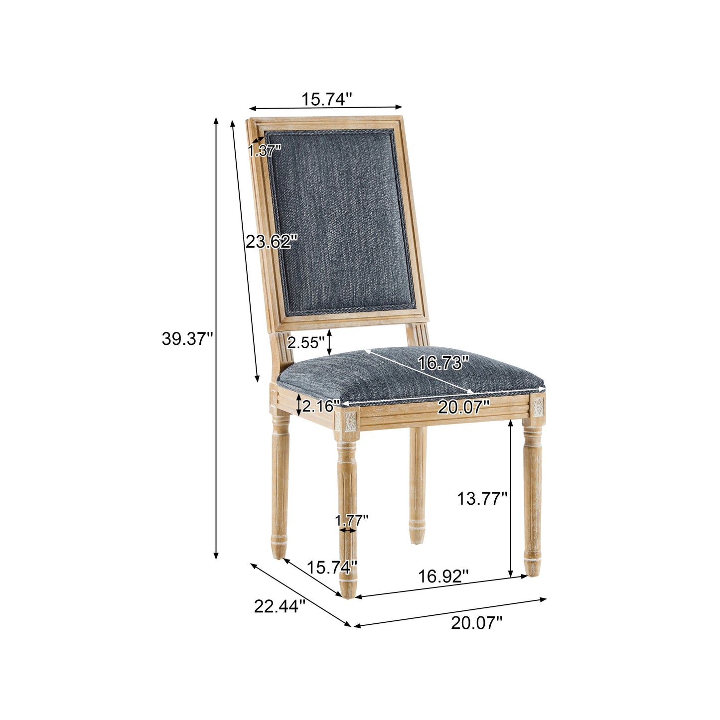 Vintage Inspired Set of 4 French Country Dining Chairs with Elegant Cane Backrest & Upholstered Seats in Rustic Weathered Blue Gray, Solid Rubberwood Frame