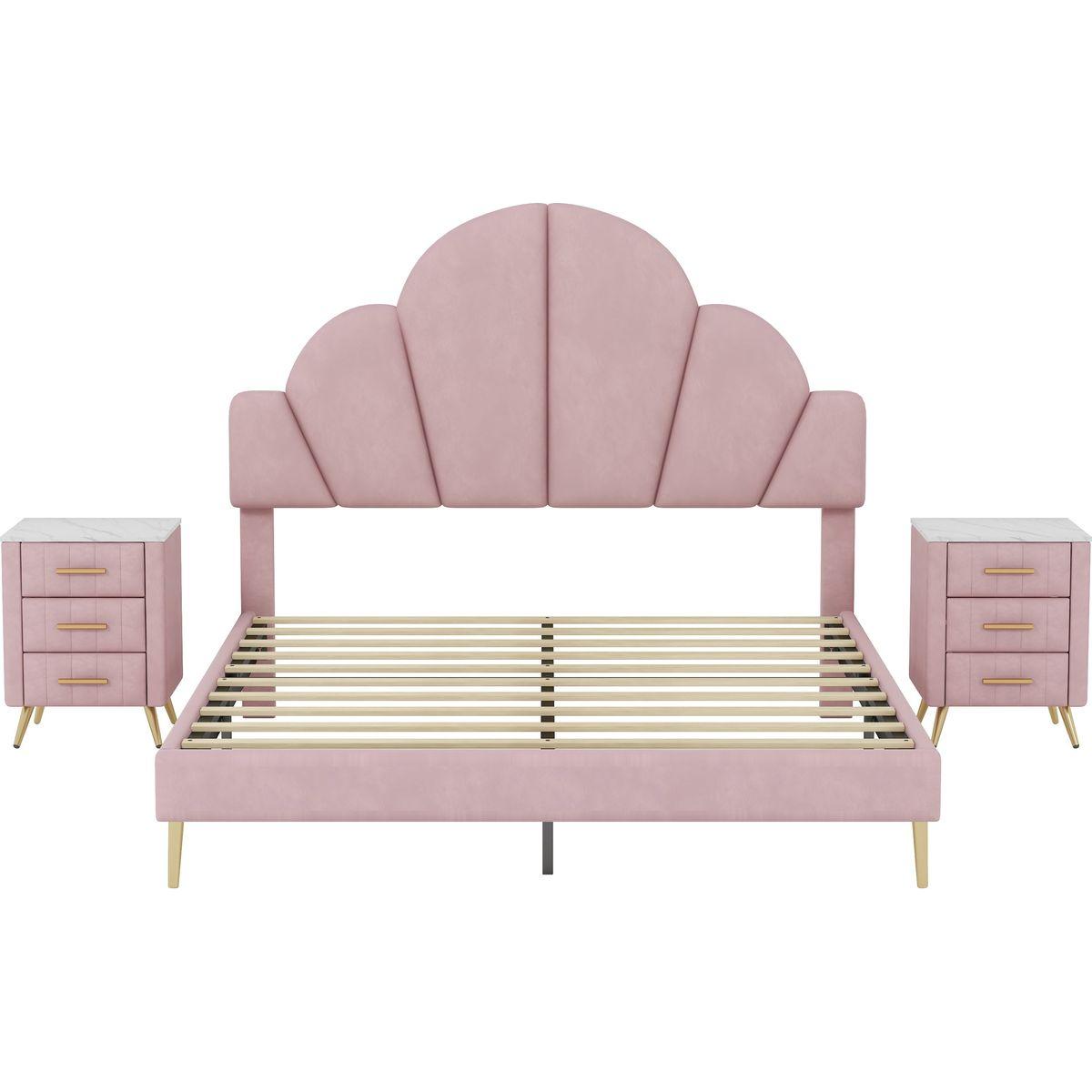 3 Pieces Bedroom Sets, Queen Size Modern Velvet Upholstered Bed Frame with Petal Shape Headboard, 3 Drawers Nightstands, Pink