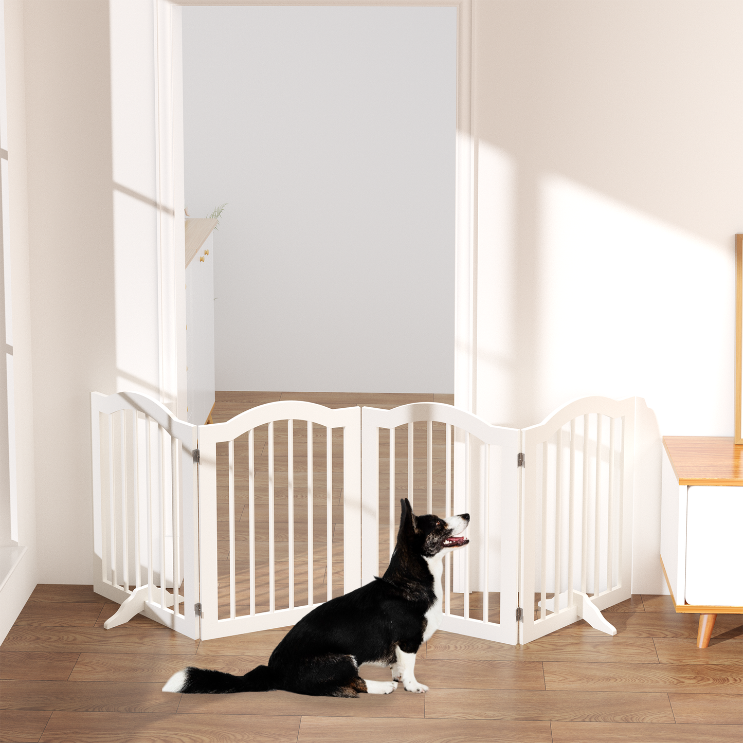 27.6' Height Tall Freestanding Pet Gate, 4 Panels Foldable Dog Gate, Solid Wood Folding Safety Fence Wooden Dog Gate with 2 pcs Support Feet Ideal for Stairs, Doorways, Halls, Kitchens, Heavy Duty Gat
