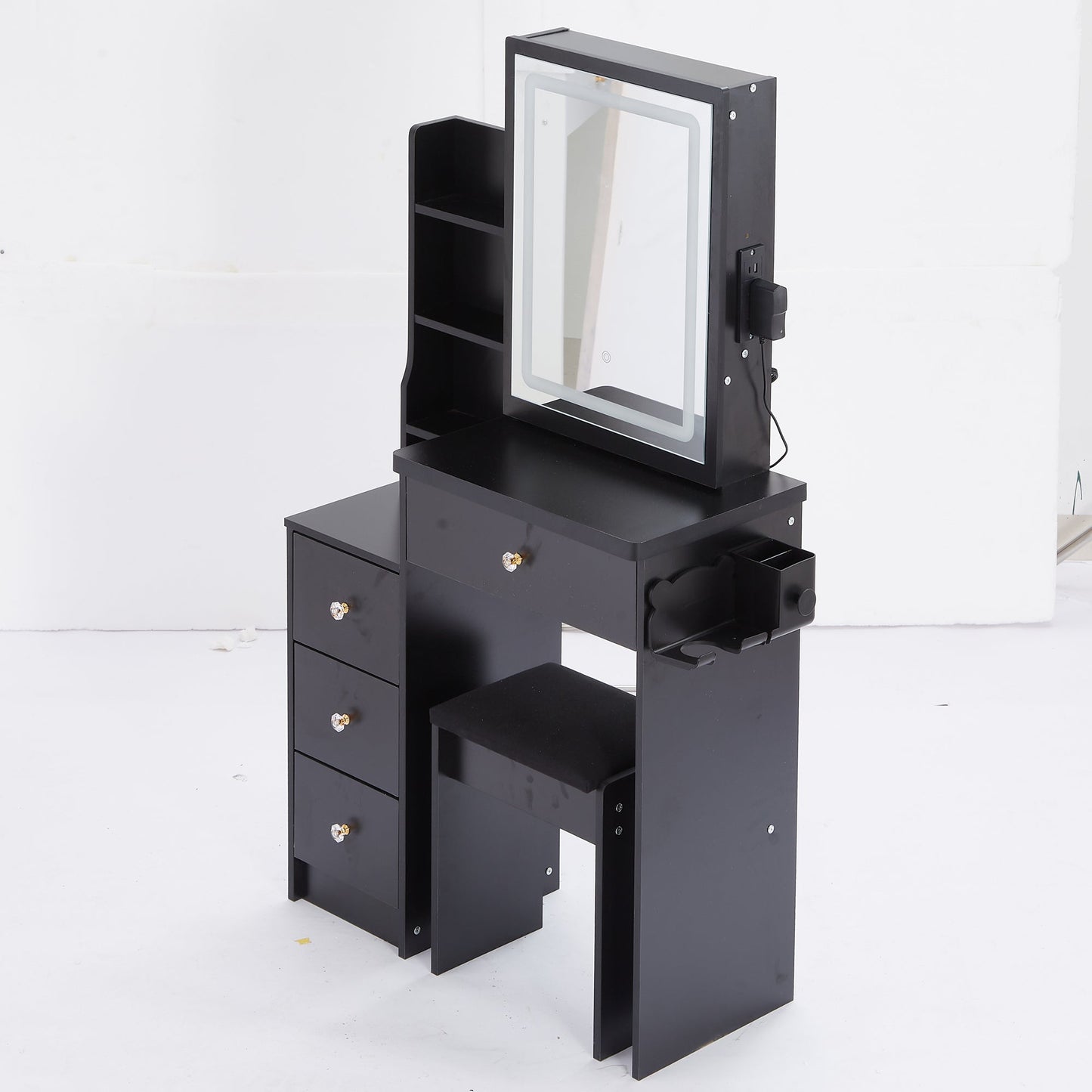 29.2' Small Size Left Bedside Cabinet Vanity Table + Cushioned Stool, 2 AC+2 USB Power Station, Hair dryer bracket, Extra Large Touch Control Sliding LED Mirror, Tri-color Switching, Brightness Adjust