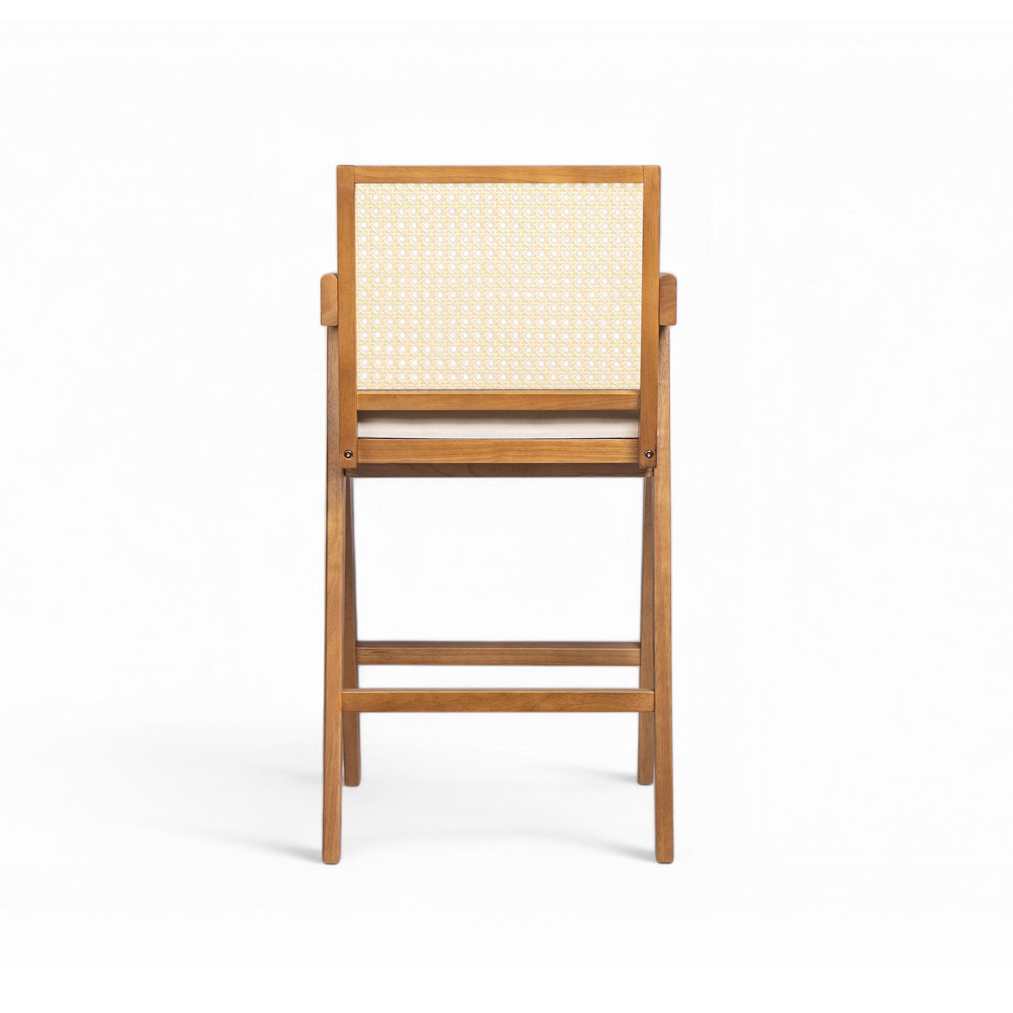 27' Height, Cream Woven Cane Plastic Backrest Bar Stool - Foam-Padded Fabric Seat & Durable Rubberwood Frame