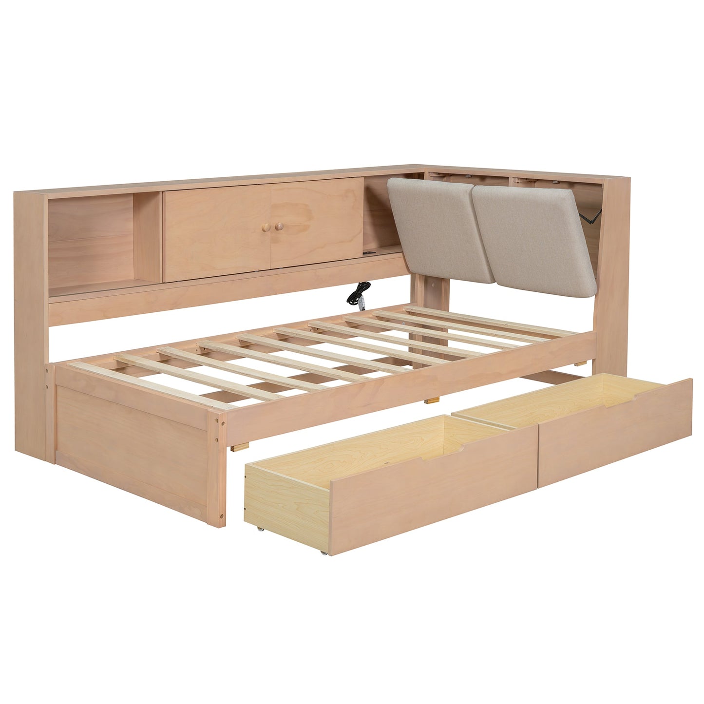 Wooden Twin Size L-shaped Daybed Corner Bed Under-bed Drawers with Storage Bookcase and Upholstered Headboard and USB Charging Ports for Limited Space,Natural