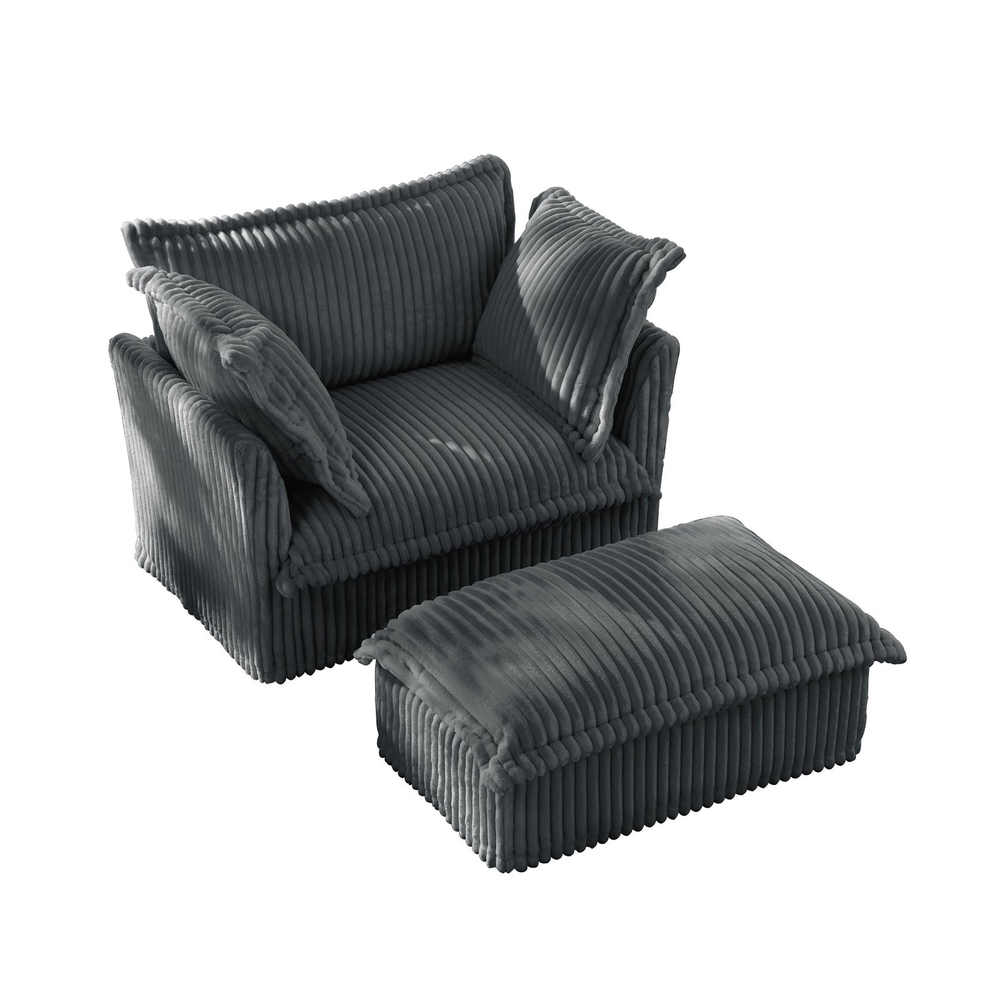 Upholstered Slipcovered Armchair with Ottoman, Deep Seat Armchair W/ Wide Ottoman for Living Room, Armchair Sets with Large Soft Pillows(Set of 2),Gray Corduroy Fabric