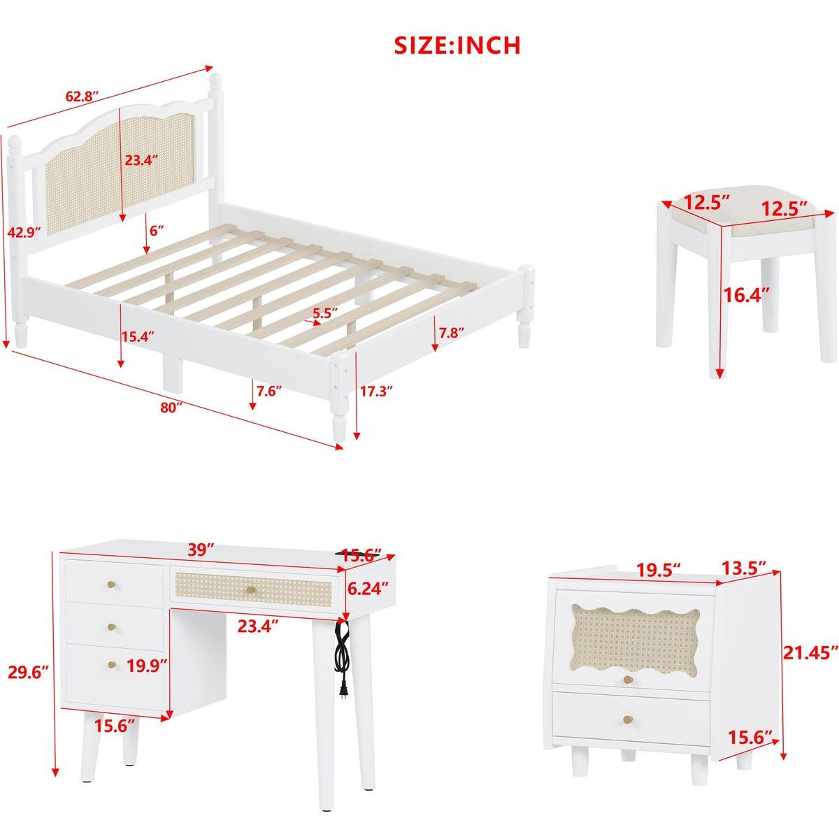 3 Pieces Bedroom Set with Queen Size Wooden Bed Frame, 1 Vintage Nightstand and 1 Makeup Vanity Set with Stool,White