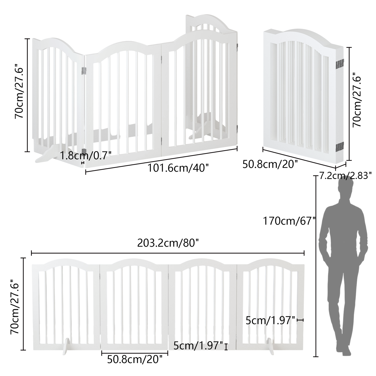 27.6' Height Tall Freestanding Pet Gate, 4 Panels Foldable Dog Gate, Solid Wood Folding Safety Fence Wooden Dog Gate with 2 pcs Support Feet Ideal for Stairs, Doorways, Halls, Kitchens, Heavy Duty Gat