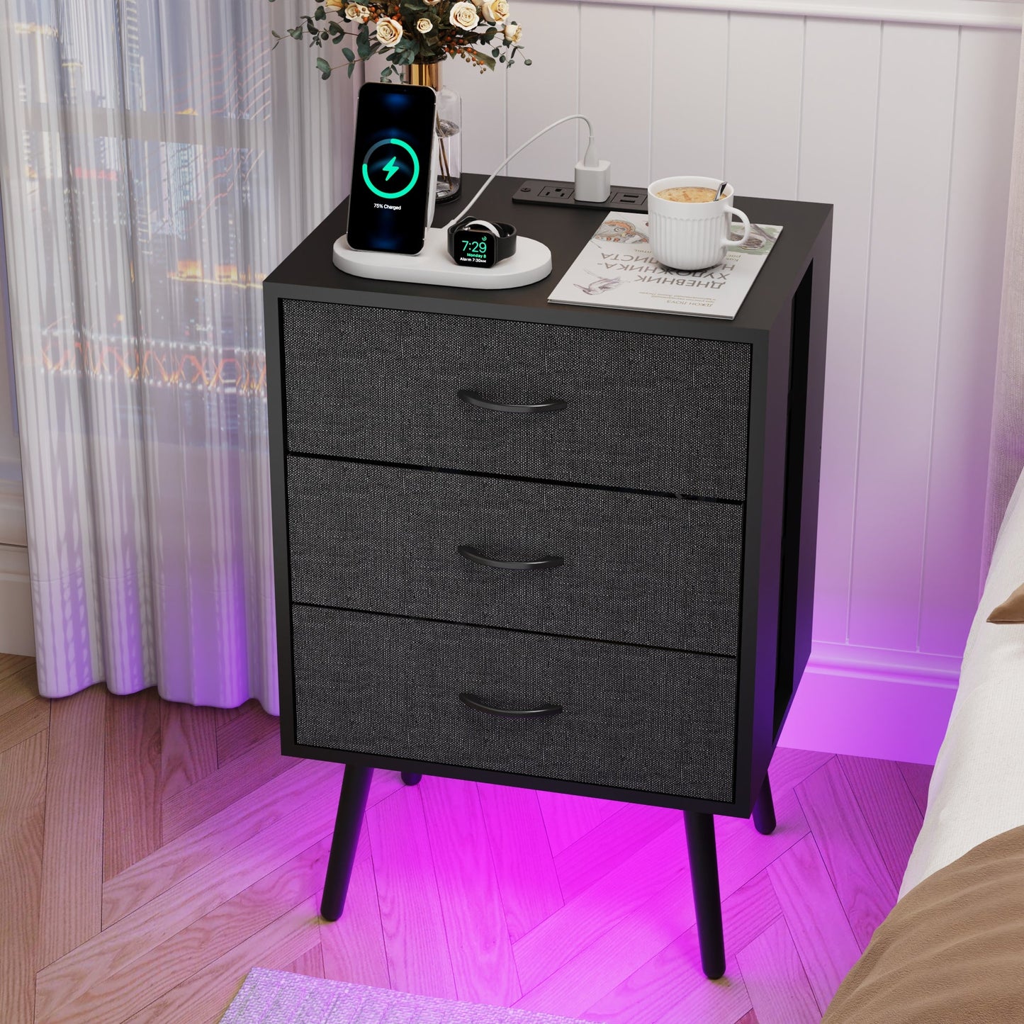 2 Pack Modern Nightstand with Charging Station, Bedside Tables with LED Light and Fabric Drawers