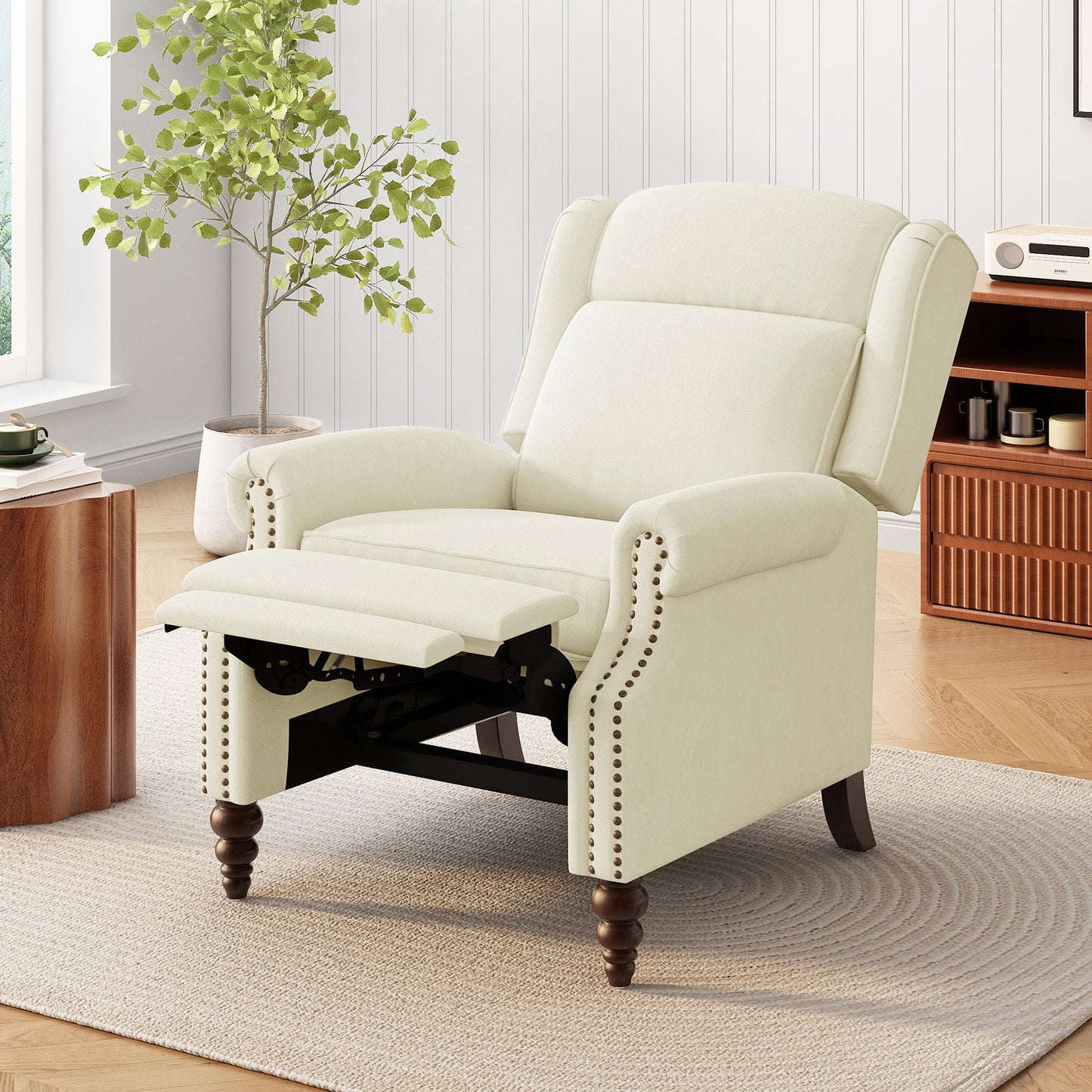 Upholstered Push Back Recliner Chair with Classic Wing Back, Beige Chenille, 29.75'