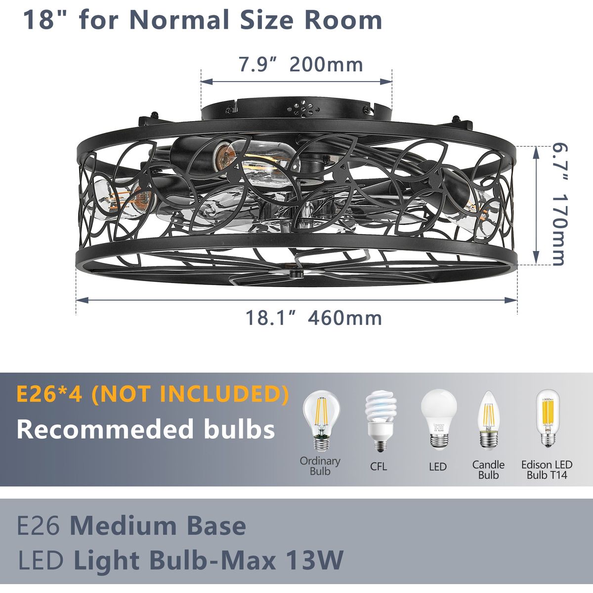 18-inch Black Vintage Caged Ceiling Fan Light – Quiet Operation, Remote Control, Industrial Style for Living Room, Bedroom, and Kitchen (Bulb Not Included)