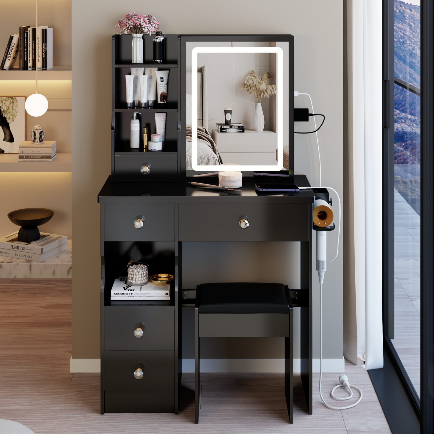29.2' Small Size Left Drawer Desktop Vanity Table + Cushioned Stool, 2 AC+2 USB Power Station, Hair dryer bracket, Extra Large Touch Control Sliding LED Mirror, Tri-color Switching, Brightness Adjust
