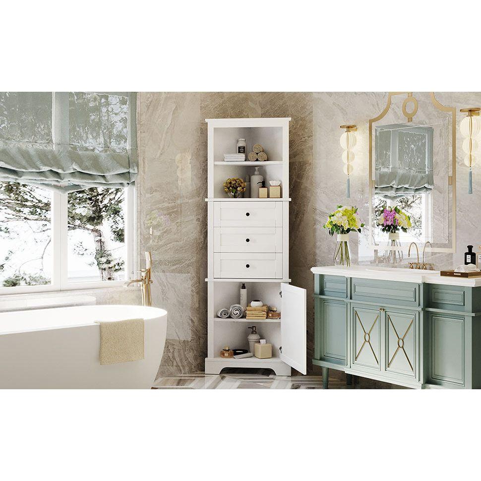 White Triangle Tall Cabinet with 3 Drawers and Adjustable Shelves for Bathroom, Kitchen or Living Room, MDF Board with Painted Finish
