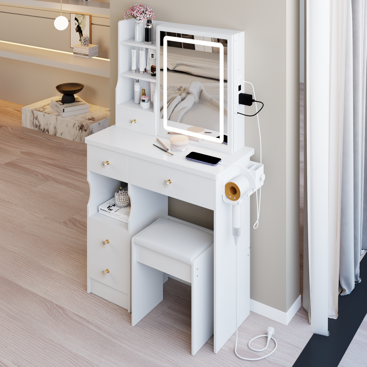 29.2' Small Size Left Drawer Desktop Vanity Table + Cushioned Stool, 2 AC+2 USB Power Station, Hair dryer bracket, Extra Large Touch Control Sliding LED Mirror, Tri-color Switching, Brightness Adjust