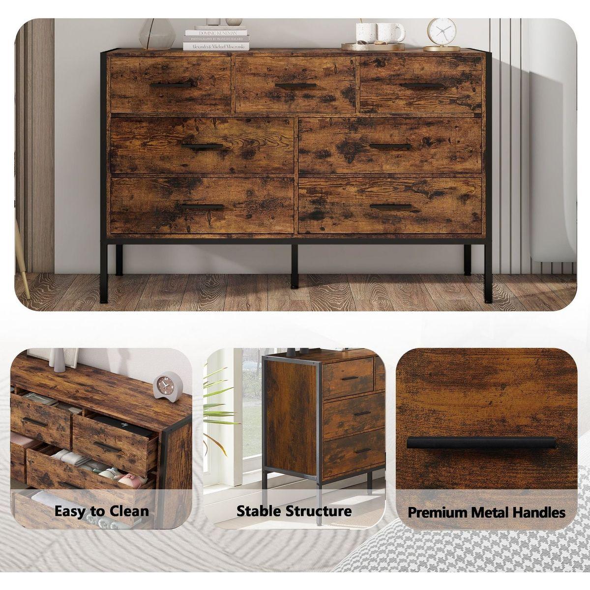 Wood Dresser with 7 Drawers, Wooden Storage Closet for Bedroom, Solid Clothes Cabinet with Sturdy Steel Frame, 48.58"Wx15.75"Dx31.22"H, 48 inch, Rustic Brown