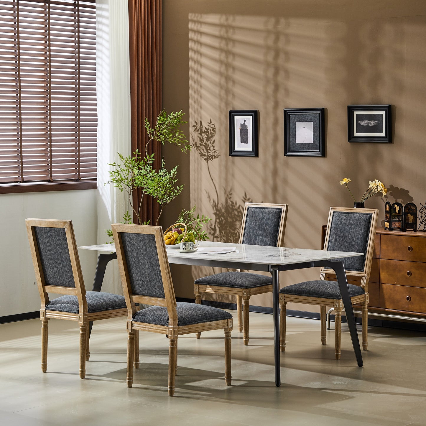 Vintage Inspired Set of 4 French Country Dining Chairs with Elegant Cane Backrest & Upholstered Seats in Rustic Weathered Blue Gray, Solid Rubberwood Frame