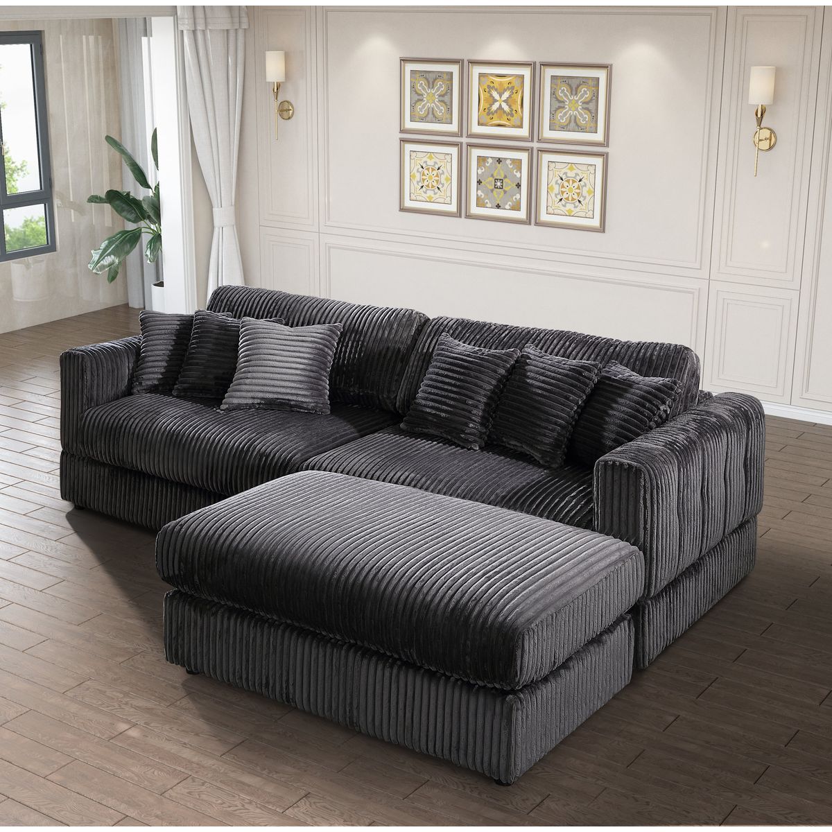 105' Oversized Sectional Sofa Cloud Couch for Living Room, Modern stripe L Shaped Couch, Comfy Boucle Modular Sofa Sleeper with Moveable Ottoman (Gery)
