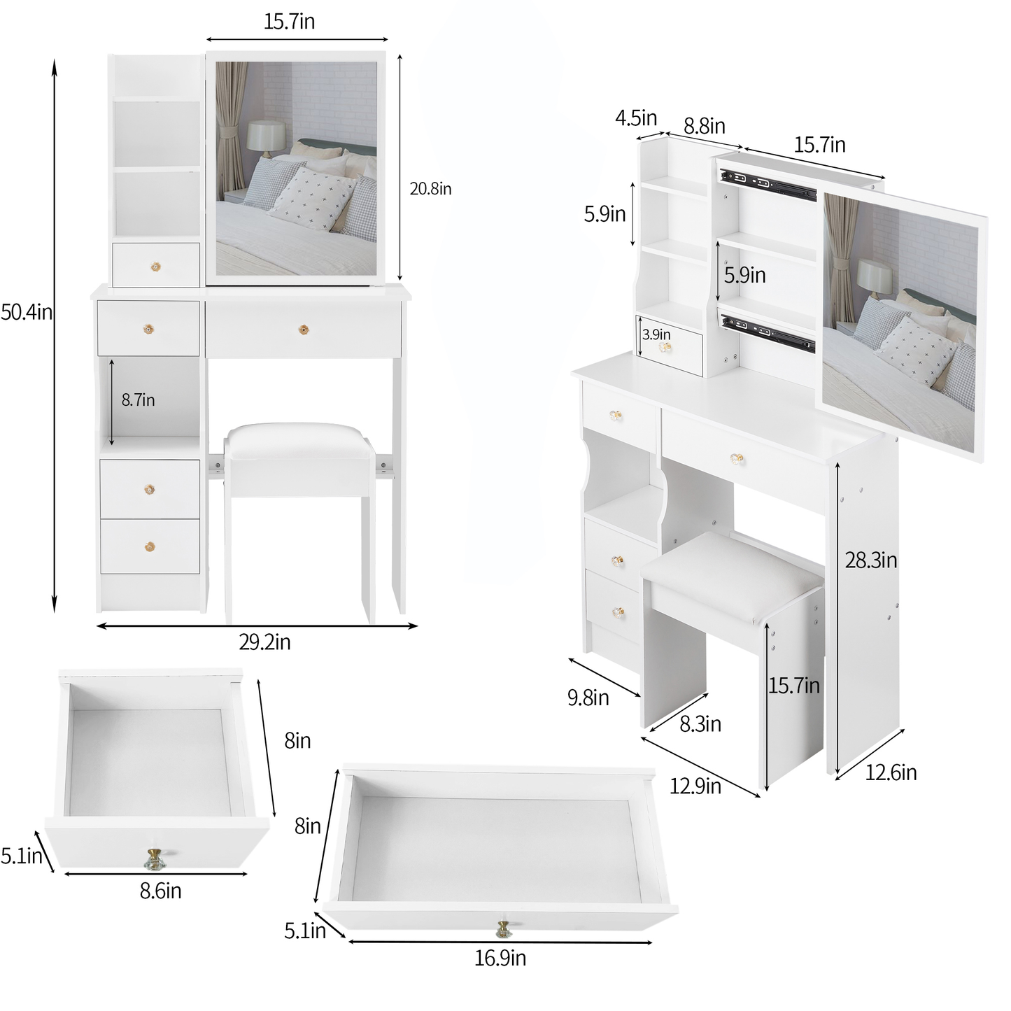 29.2' Small Size Left Drawer Desktop Vanity Table + Cushioned Stool, Extra Large Right sliding mirror, Multi Layer High Capacity Storage, Practical Fashionable Dresser, Suitable For Small Space