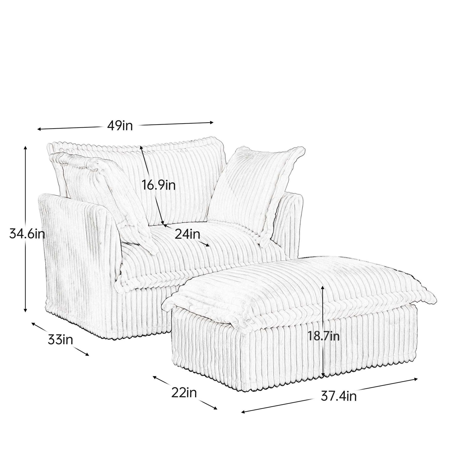 Upholstered Slipcovered Armchair with Ottoman, Deep Seat Armchair W/ Wide Ottoman for Living Room, Armchair Sets with Large Soft Pillows(Set of 2), Camel Corduroy Fabric