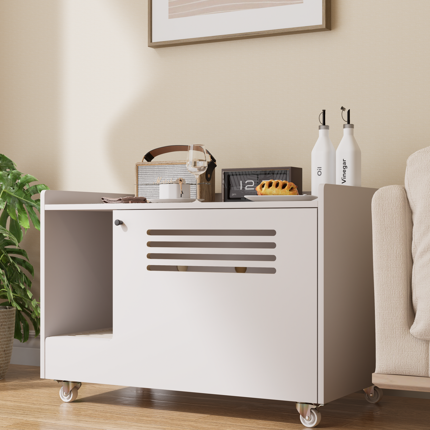 White Cat Litter Box Enclosure,Hidden Litter Box Furniture with top side fence,Wooden Pet House Side End Table, Storage Cabinet Bench for Living Room,,Bedroom, Fit Most of Litter Box