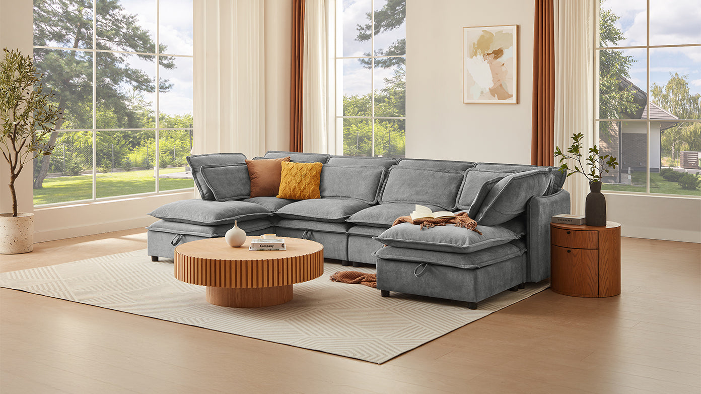 U_Style Double-Layer Cushion Modern Large U-Shaped Modular Sofa, Freely Combinable 6-Seater with Storage Function, Convertible to Sofa Bed, Perfect for Living Rooms, Offices, and Apartments