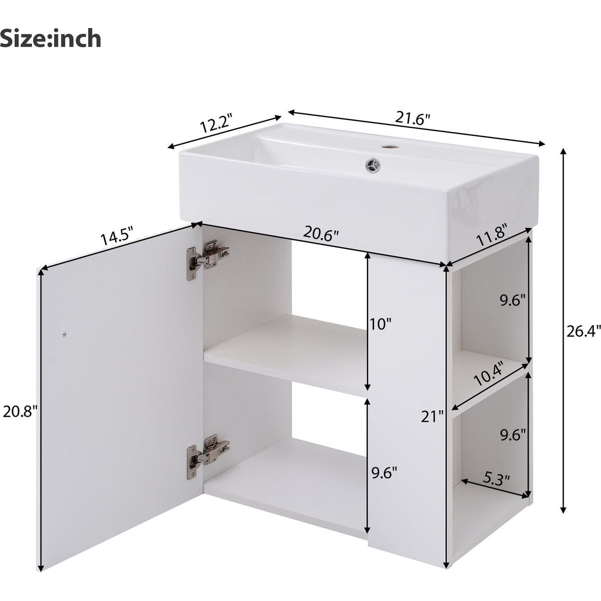 21.6inch Modern Floating Bathroom Vanity with Ceramic Basin - Perfect for Small Bathrooms, Right side storage