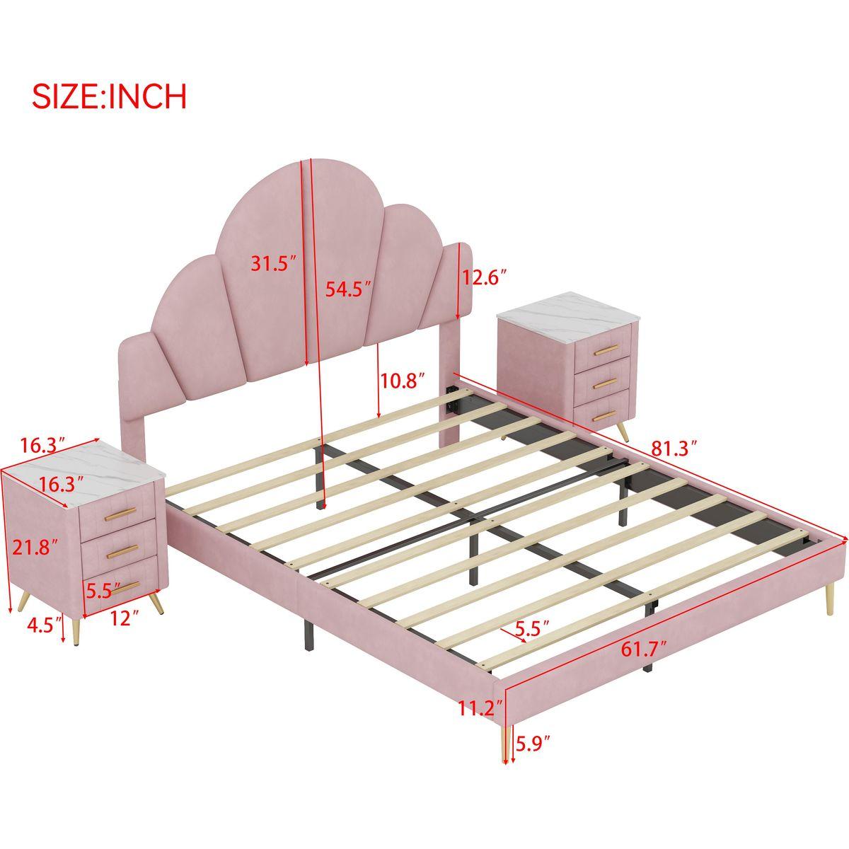 3 Pieces Bedroom Sets, Queen Size Modern Velvet Upholstered Bed Frame with Petal Shape Headboard, 3 Drawers Nightstands, Pink