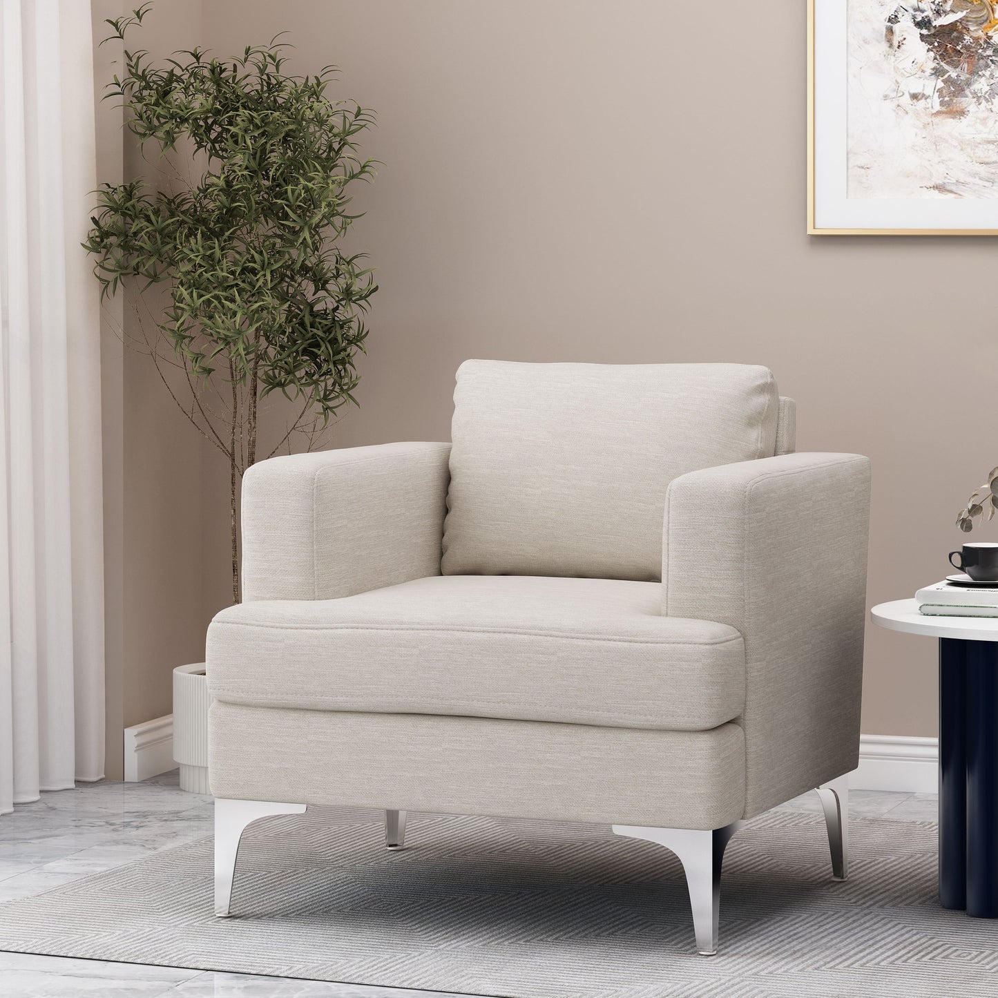 Upholstered Fabric Club Chair with Iron Legs, Beige