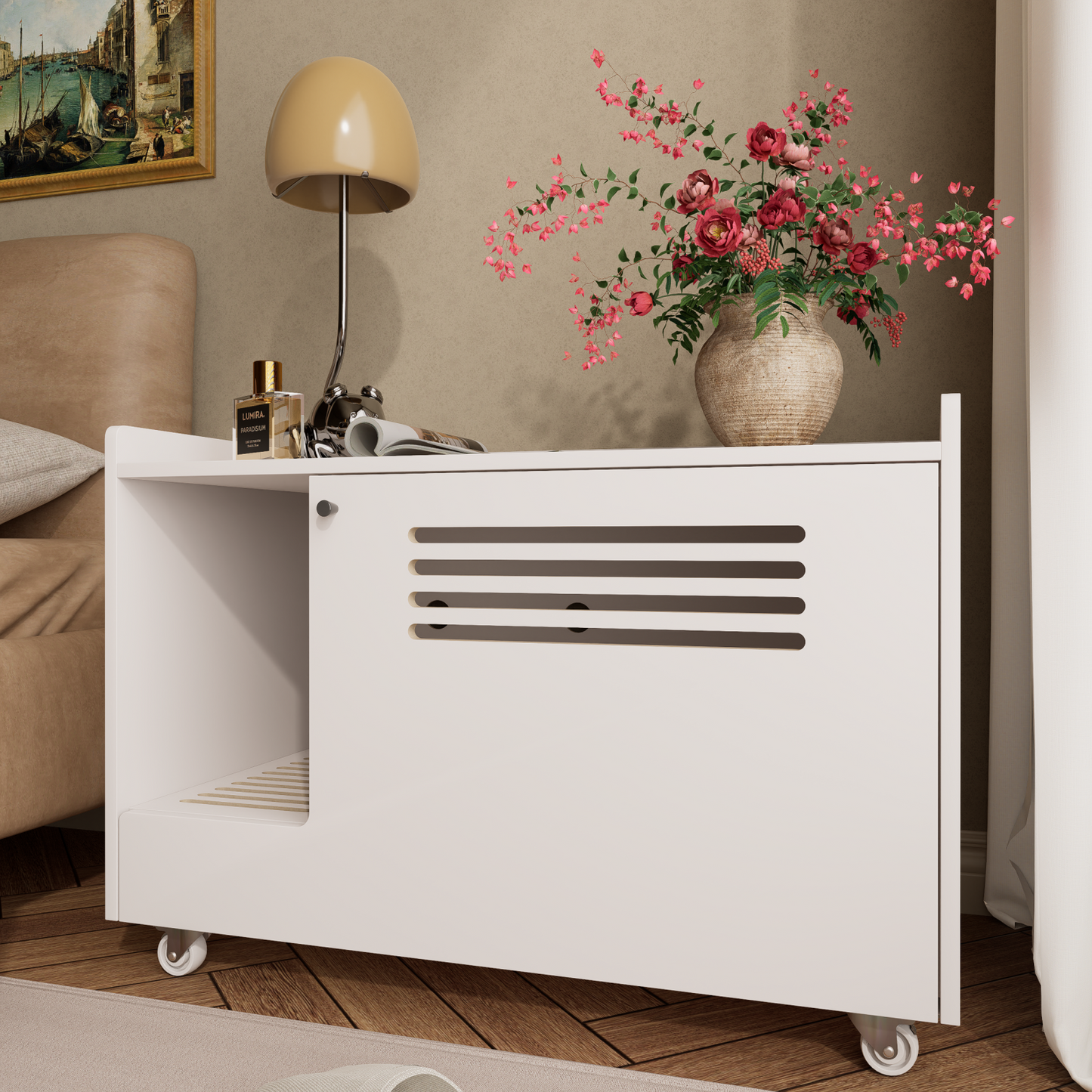 White Cat Litter Box Enclosure,Hidden Litter Box Furniture with top side fence,Wooden Pet House Side End Table, Storage Cabinet Bench for Living Room,,Bedroom, Fit Most of Litter Box