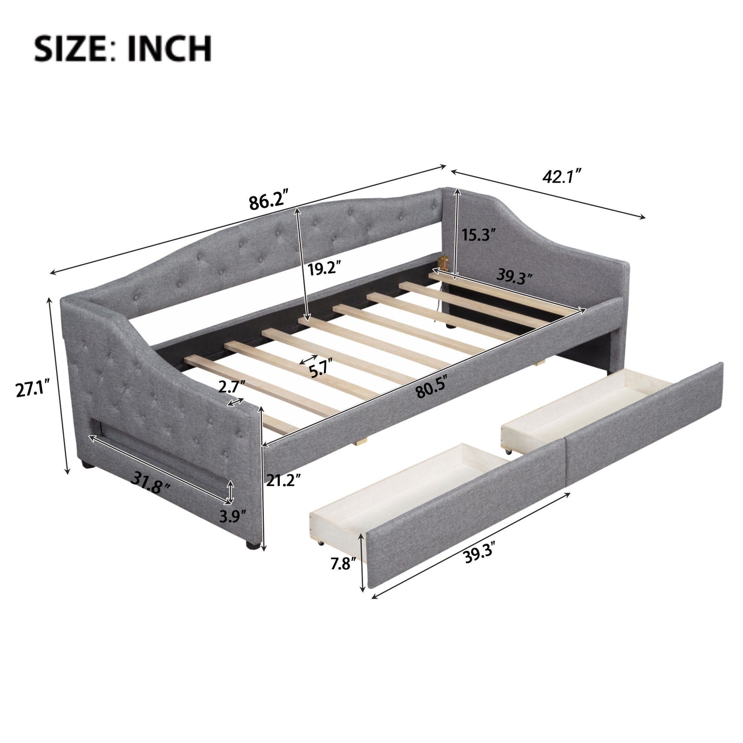 Elegant Upholstered Twin XL Daybed with LED Belt, 2 Drawers, Gray Linen Finish