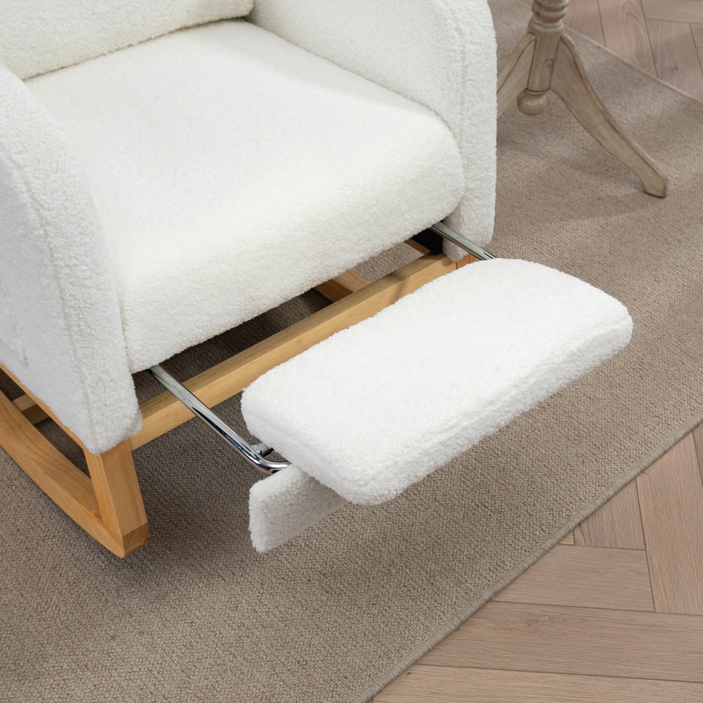 25.4'W Modern Rocking Chair for Nursery, Mid Century Accent Arm Rocker With Retractable Footrest, Side Pocket, Comfy Upholstered Wingback Wooden Glider Chair for Living Room Baby Kids Room. Ivory