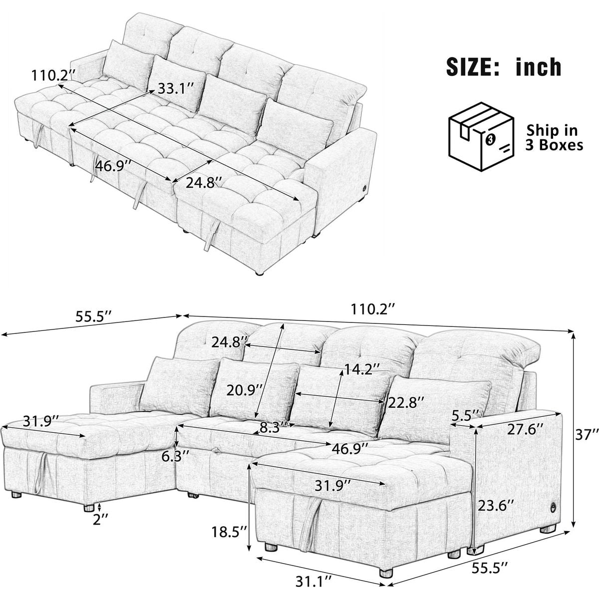 110.2' Oversized U-shaped Sofa Versatile Sectional Sofa Pull-out Sofa Bed with Double Storage Chaise Lounges and Two USB Ports for Living Room,Gray