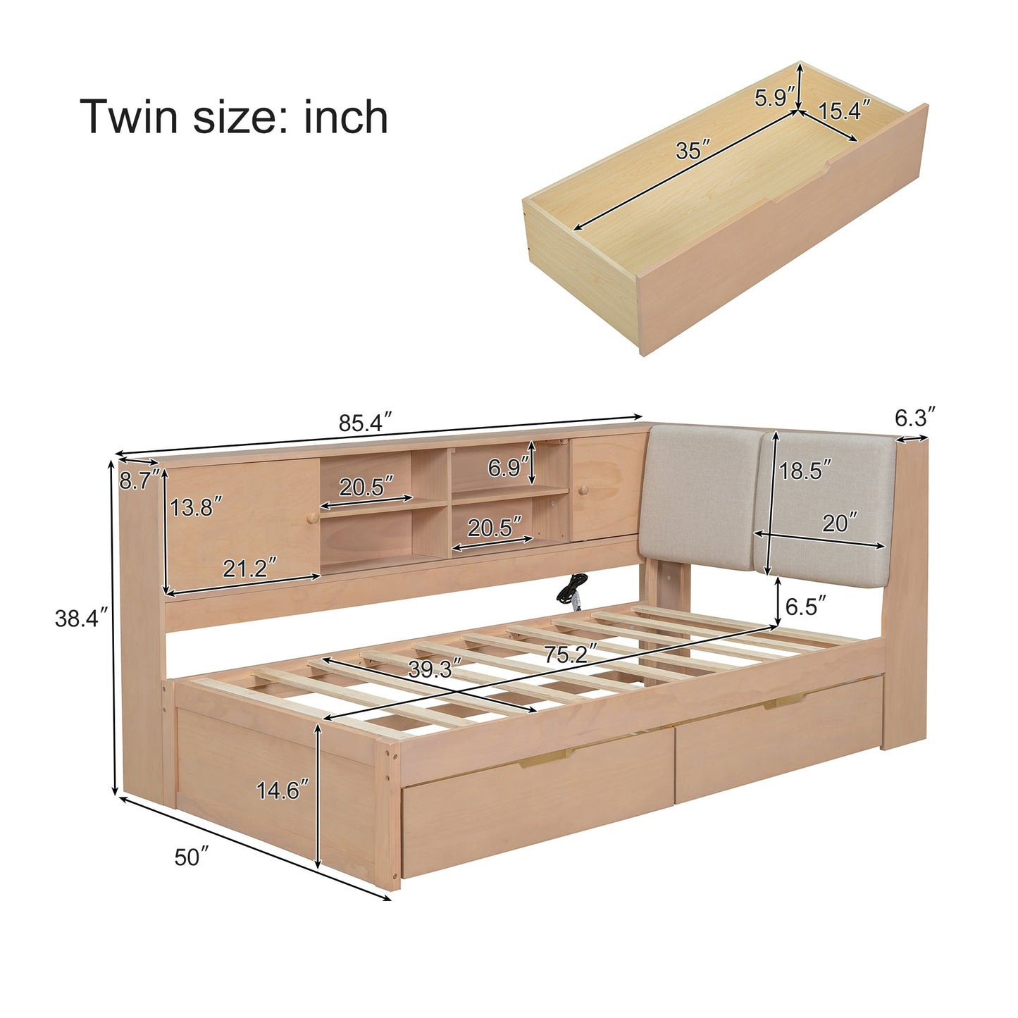 Wooden Twin Size L-shaped Daybed Corner Bed Under-bed Drawers with Storage Bookcase and Upholstered Headboard and USB Charging Ports for Limited Space,Natural