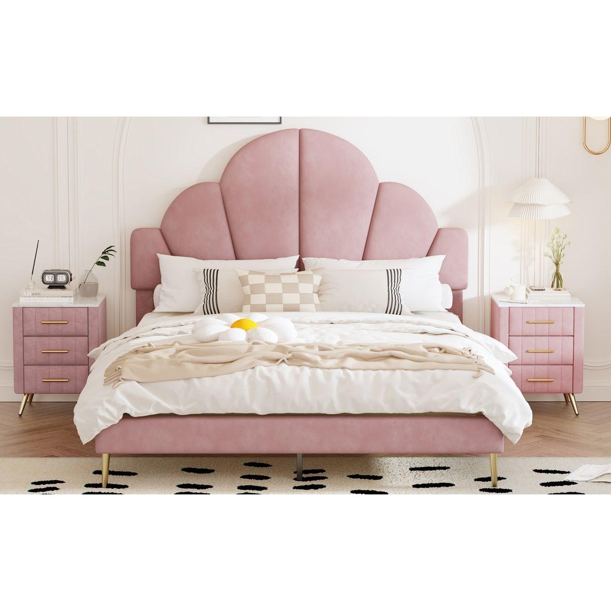 3 Pieces Bedroom Sets, Queen Size Modern Velvet Upholstered Bed Frame with Petal Shape Headboard, 3 Drawers Nightstands, Pink