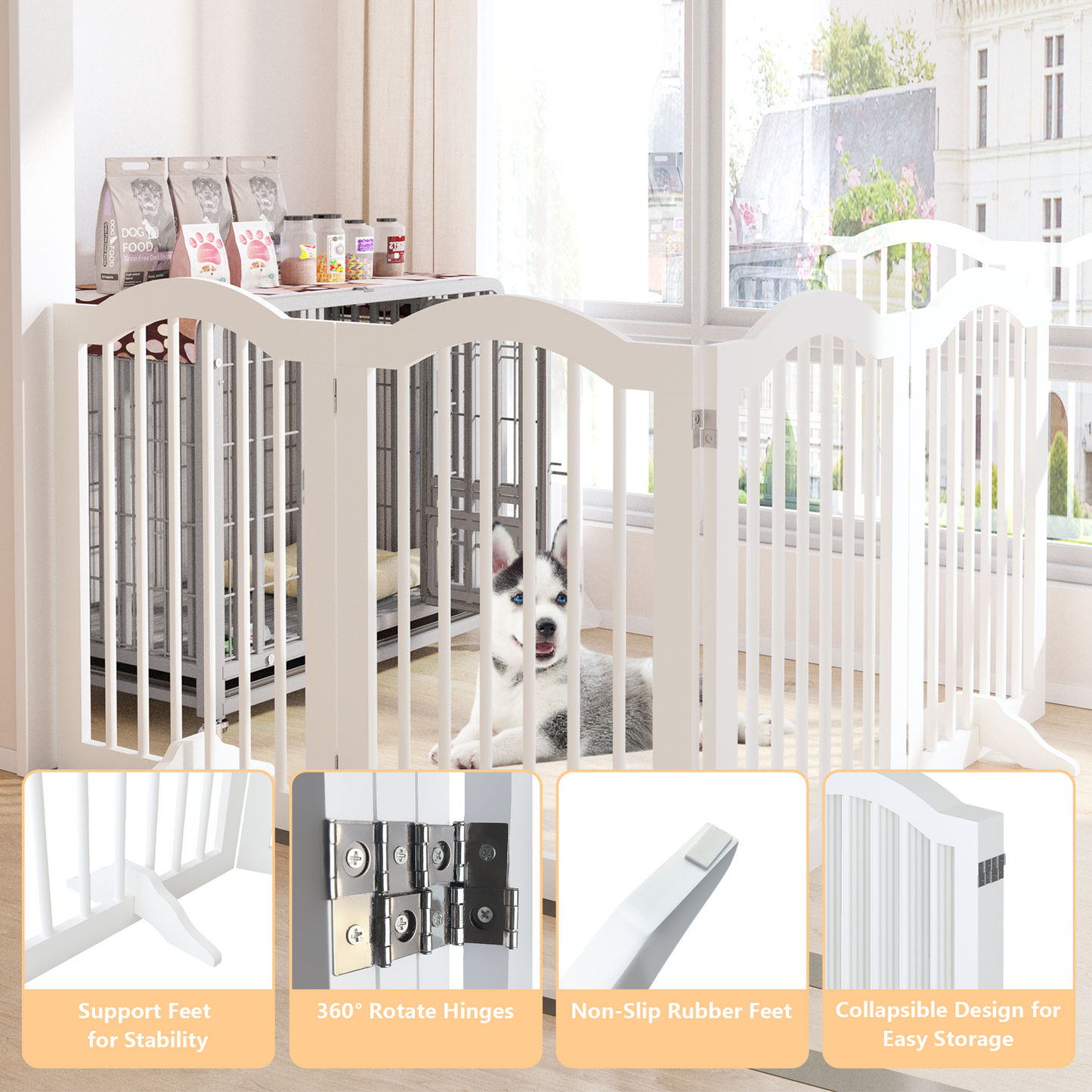 27.6' Height Tall Freestanding Pet Gate, 4 Panels Foldable Dog Gate, Solid Wood Folding Safety Fence Wooden Dog Gate with 2 pcs Support Feet Ideal for Stairs, Doorways, Halls, Kitchens, Heavy Duty Gat