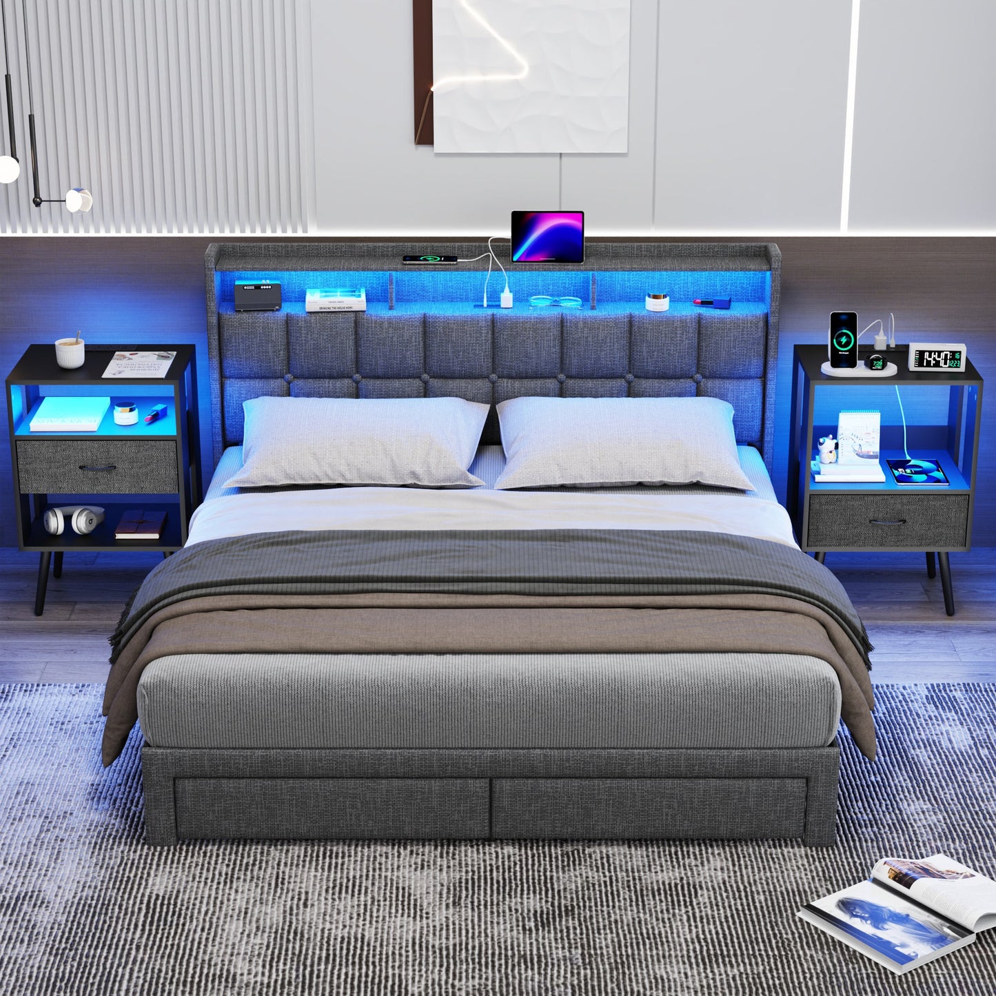 2 Pack Modern Nightstand with Charging Station, Bedside Tables with LED Light and Fabric Drawers