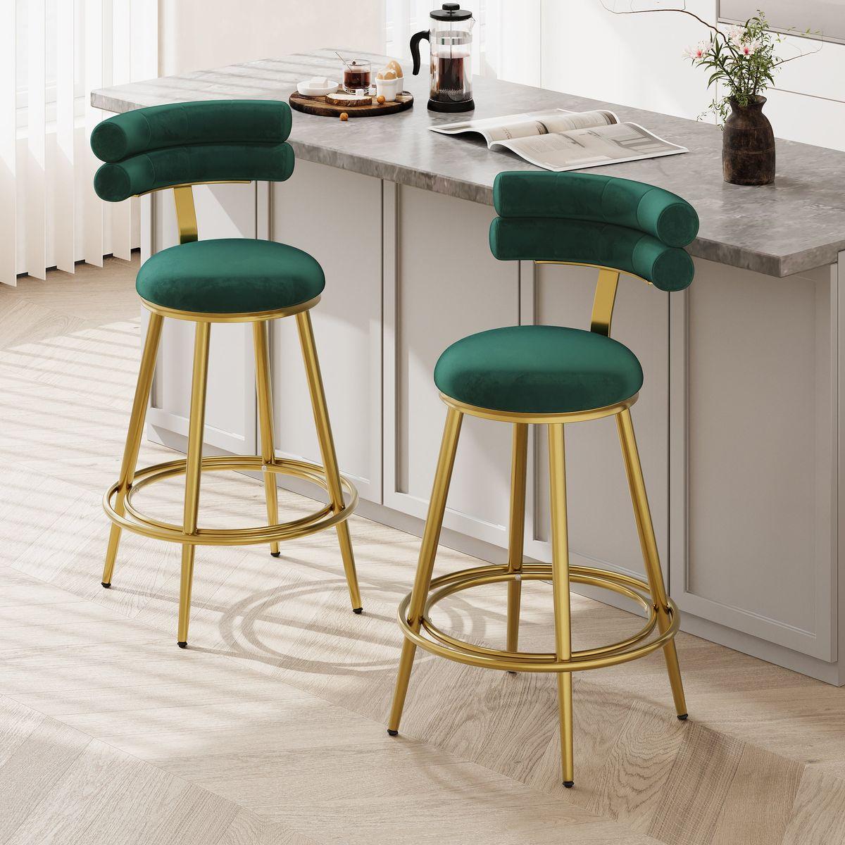 27.65'' Modern Counter Stools Set of 2,Dark green velvet Counter Stools with iron Frame,Soft back and cushion,Footrest,suitable for Kitchen/Bedroom/Dining Room