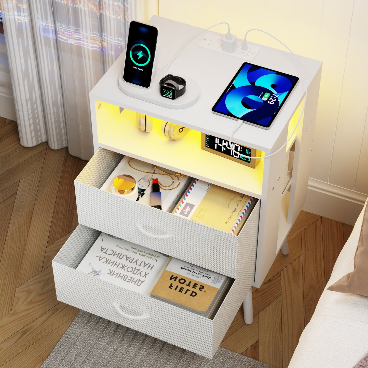 2 Pack Modern Nightstand with Charging Station, Bedside Tables with LED Light and Fabric Drawers