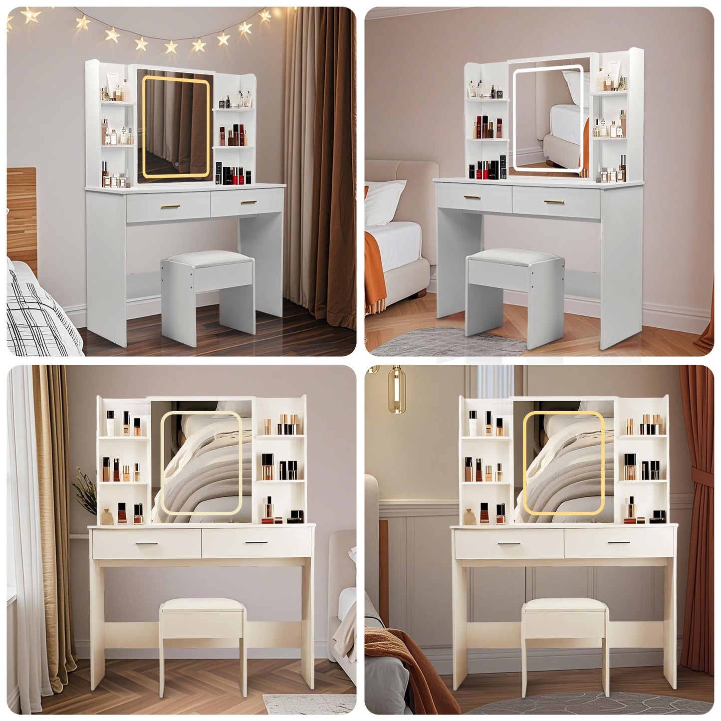 Vanity Desk with Mirror and LED Lights, 3 Lighting Modes and Power Outlet, 2 Spacious Drawers and Stool, White MDF