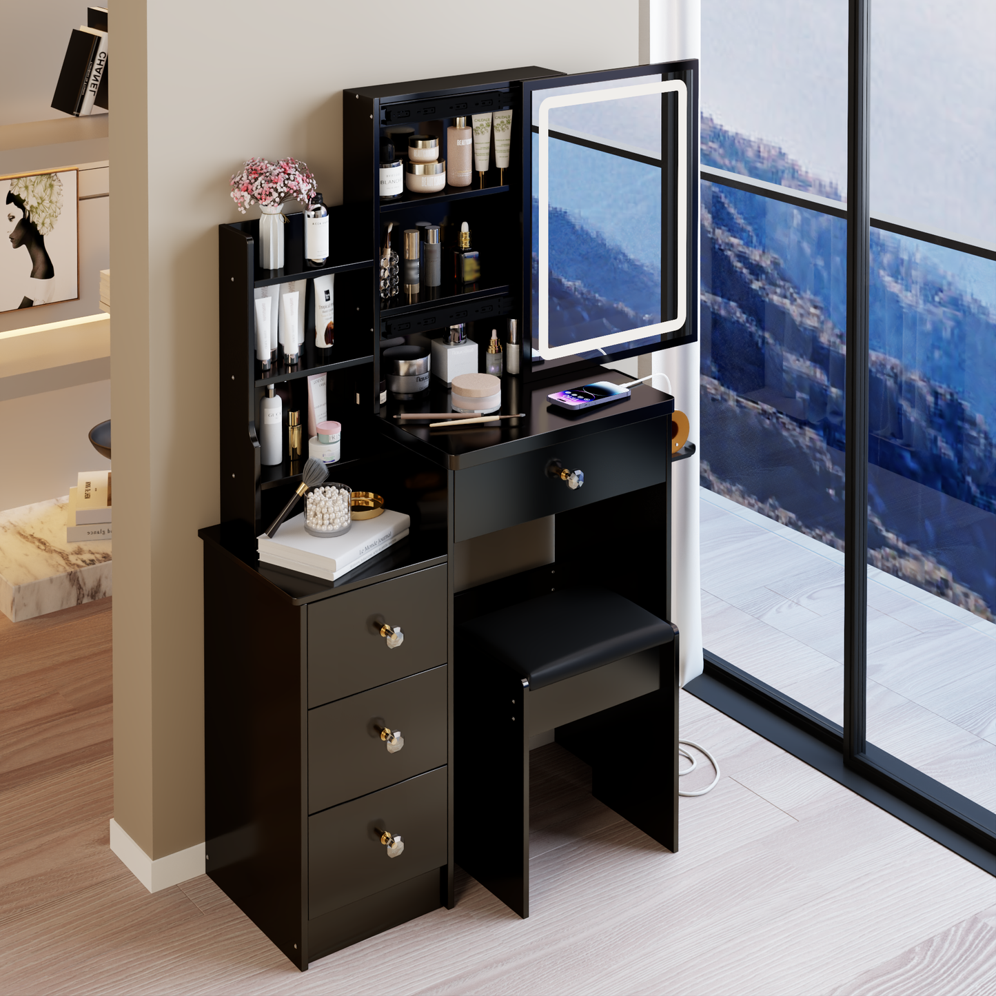 29.2' Small Size Left Bedside Cabinet Vanity Table + Cushioned Stool, 2 AC+2 USB Power Station, Hair dryer bracket, Extra Large Touch Control Sliding LED Mirror, Tri-color Switching, Brightness Adjust